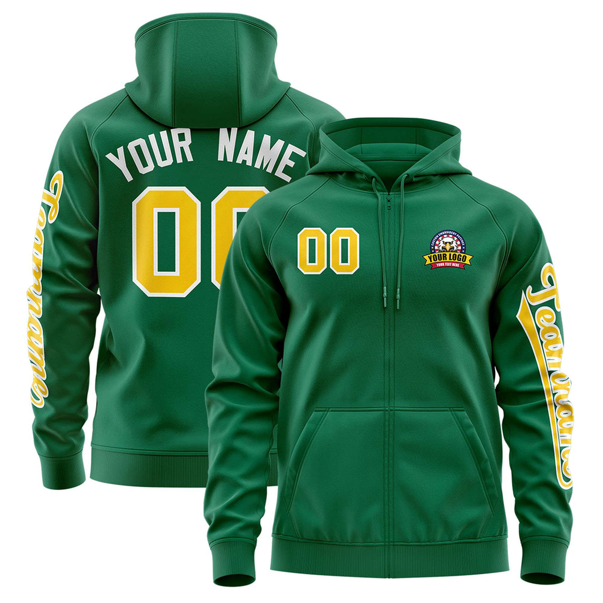 Custom Kelly Green Gold Varsity Full-Zip Letterman Classic Jacket Hoodie| KXKSHOP