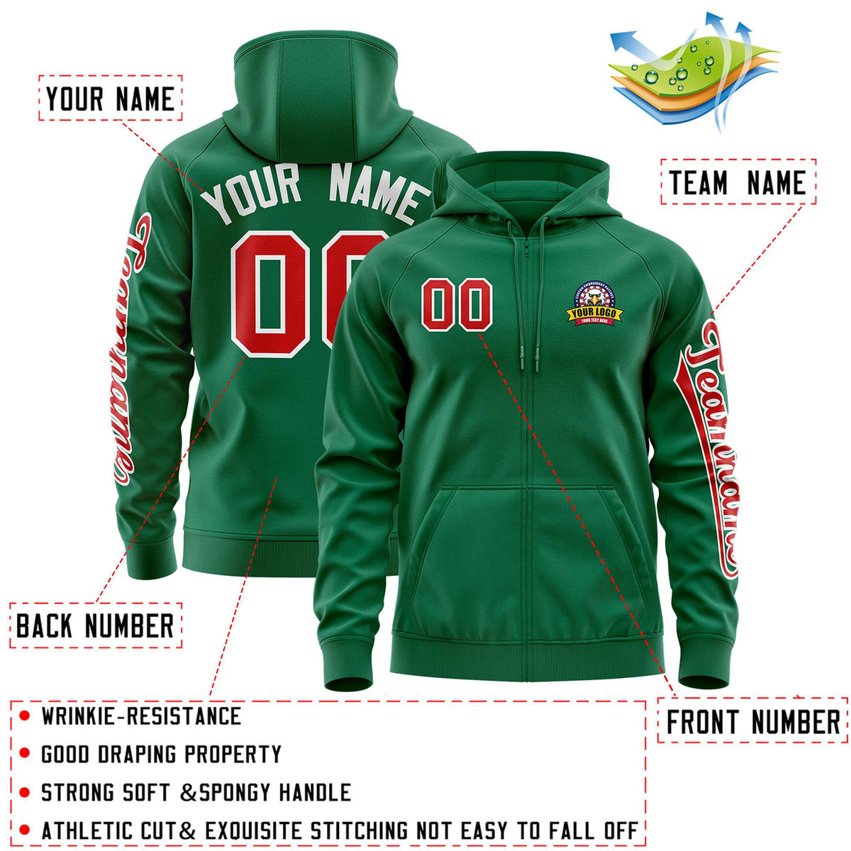 Custom Kelly Green Red Varsity Full-Zip Letterman Classic Jacket Hoodie| KXKSHOP
