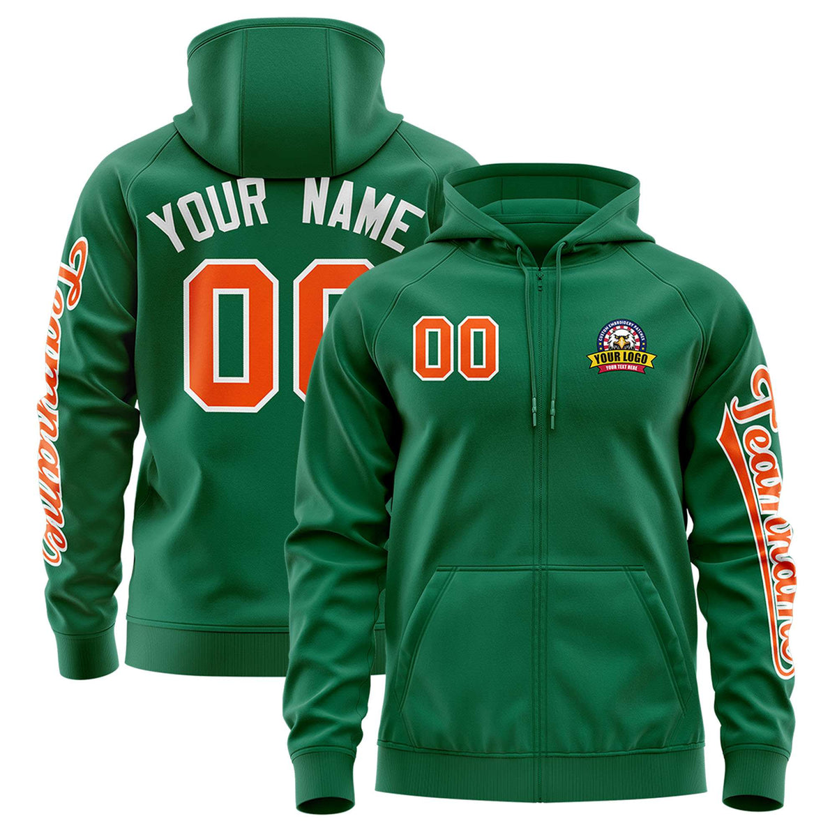 Custom Kelly Green Orange Varsity Full-Zip Letterman Classic Jacket Hoodie| KXKSHOP