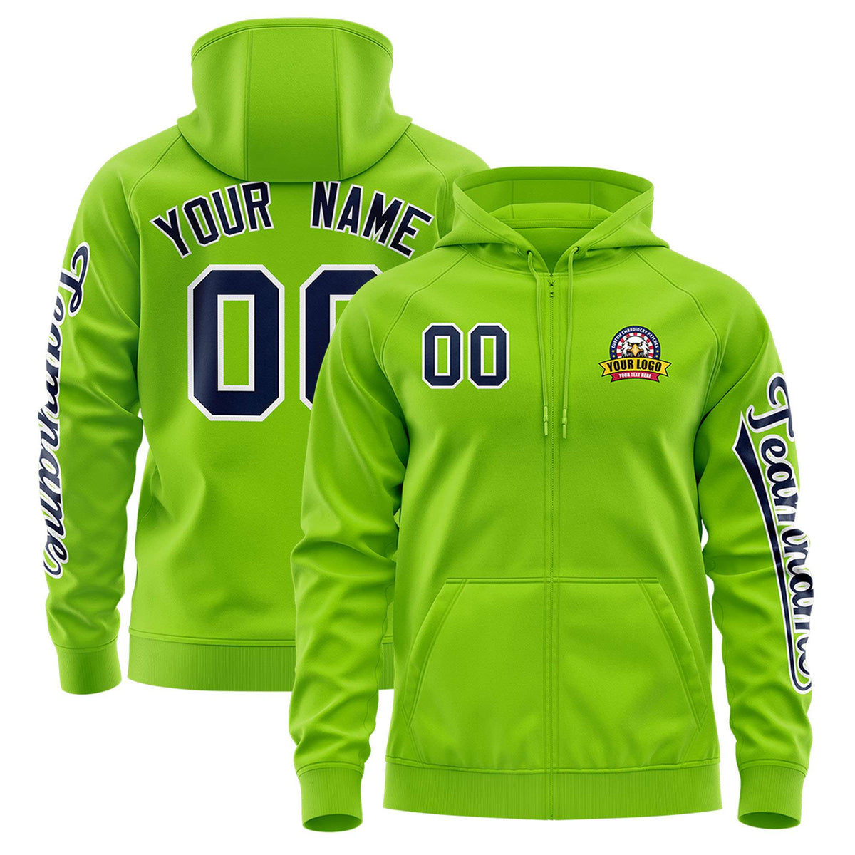 Custom Neon Green Navy Varsity Full-Zip Letterman Classic Jacket Hoodie| KXKSHOP