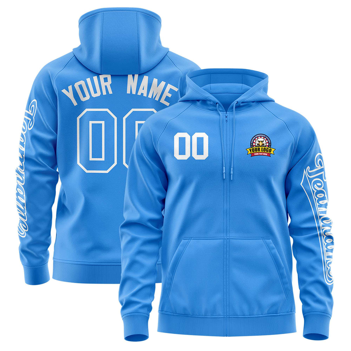 Custom Powder Blue White Varsity Full-Zip Letterman Classic Jacket Hoodie| KXKSHOP