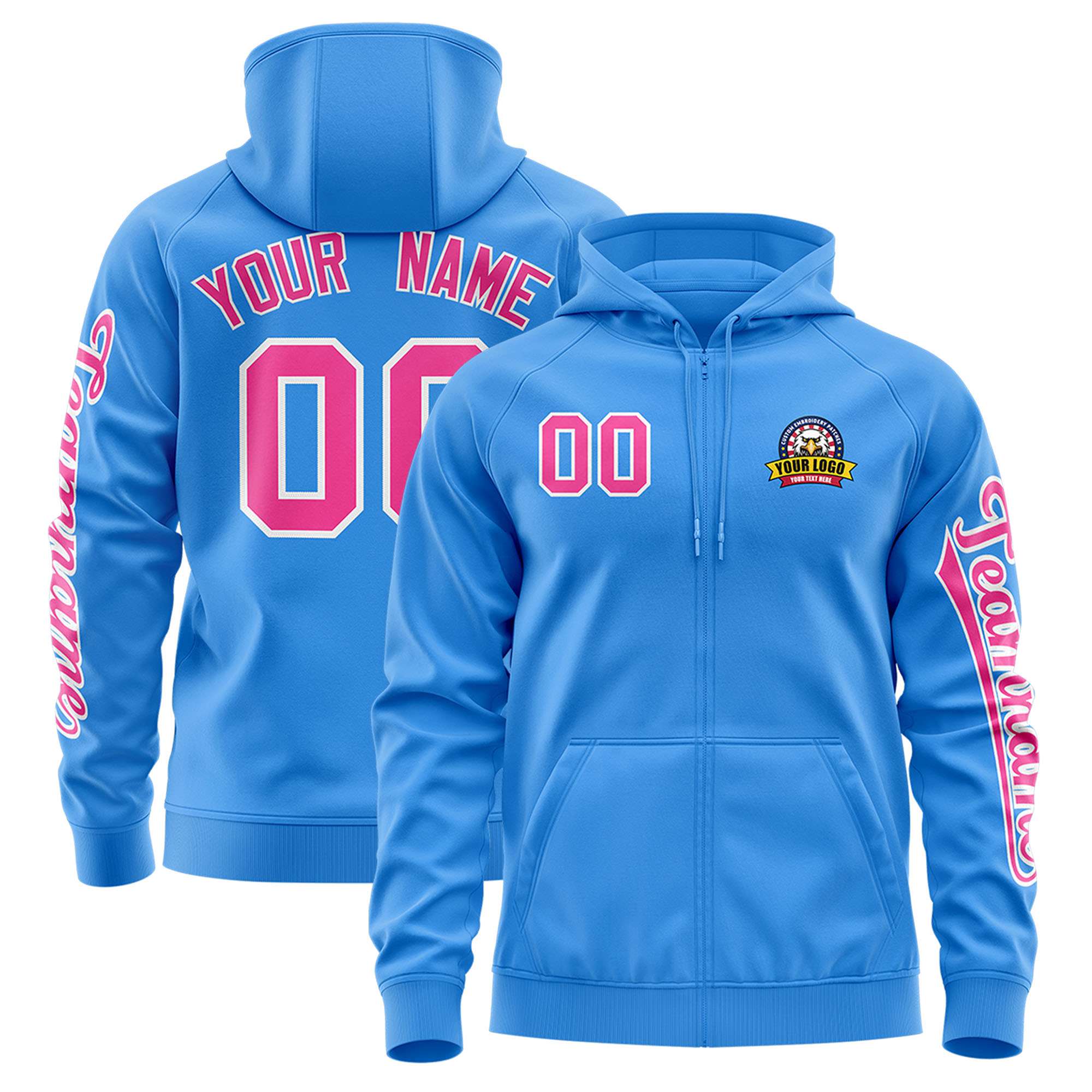 Custom Powder Blue Pink Varsity Full-Zip Letterman Classic Jacket Hoodie| KXKSHOP