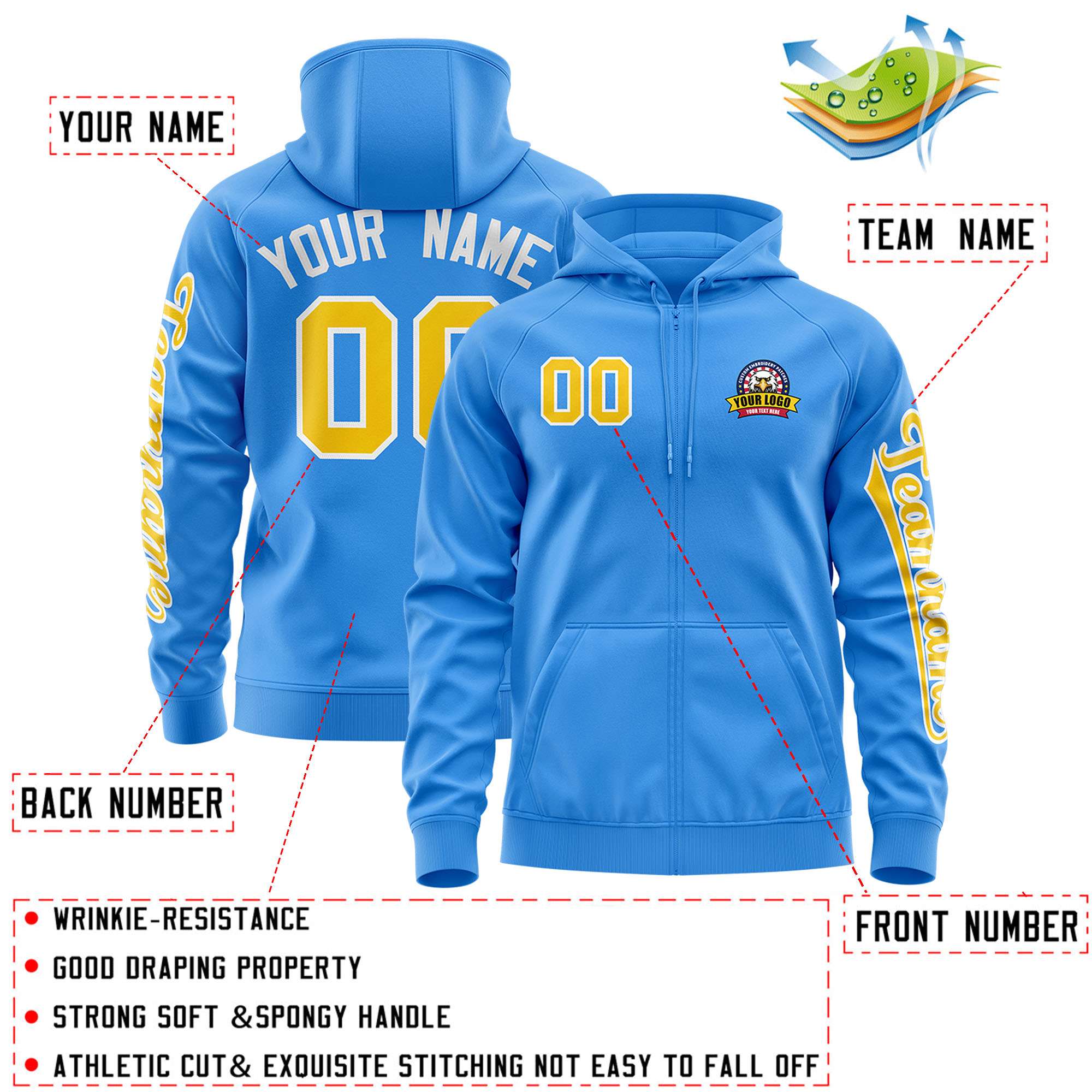 Custom Powder Blue Gold Varsity Full-Zip Letterman Classic Jacket Hoodie| KXKSHOP
