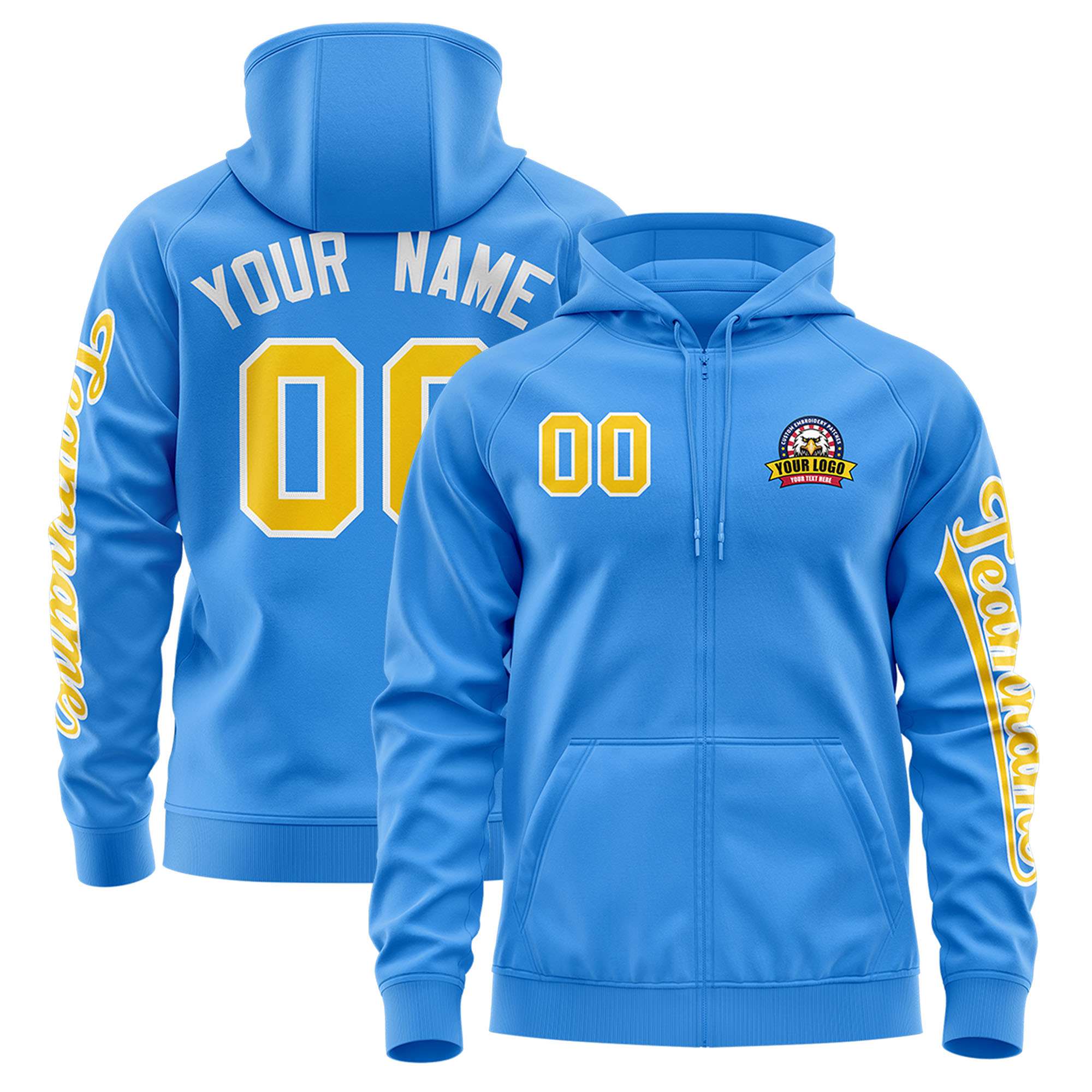 Custom Powder Blue Gold Varsity Full-Zip Letterman Classic Jacket Hoodie| KXKSHOP