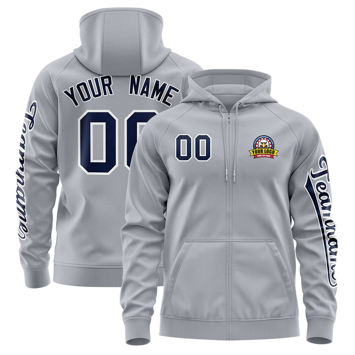 Custom Gray Navy Varsity Full-Zip Letterman Classic Jacket Hoodie| KXKSHOP