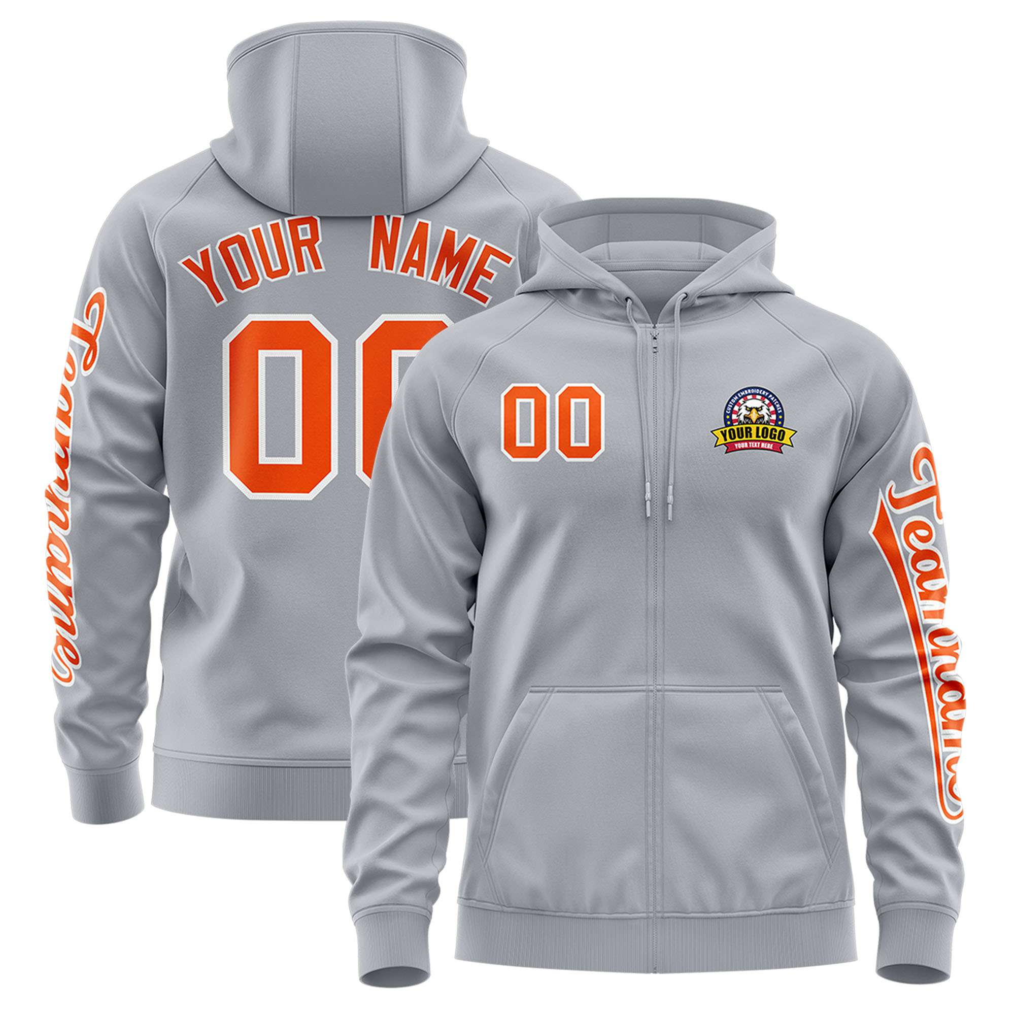 Custom Gray Orange Varsity Full-Zip Letterman Classic Jacket Hoodie| KXKSHOP