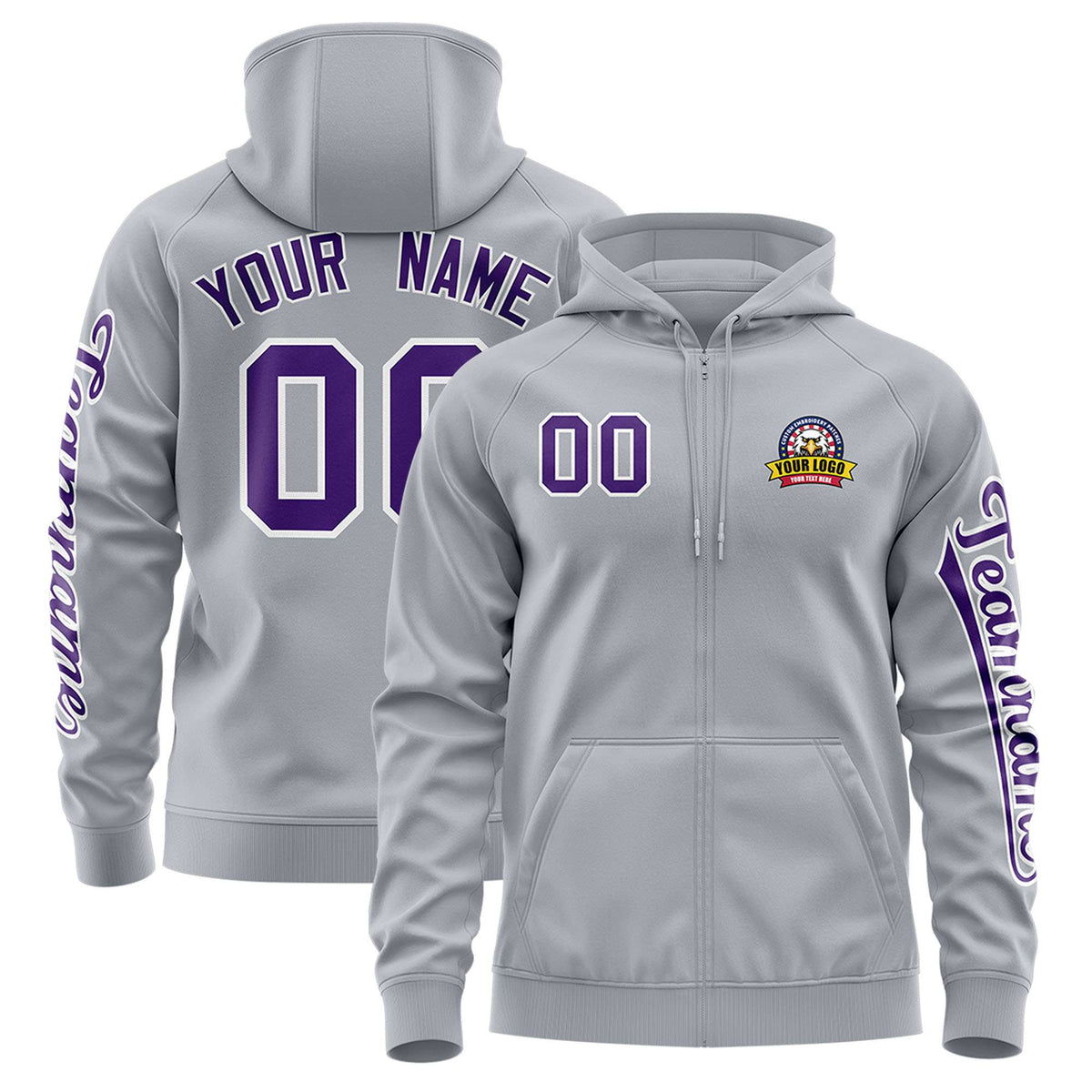 Custom Gray Purple Varsity Full-Zip Letterman Classic Jacket Hoodie| KXKSHOP
