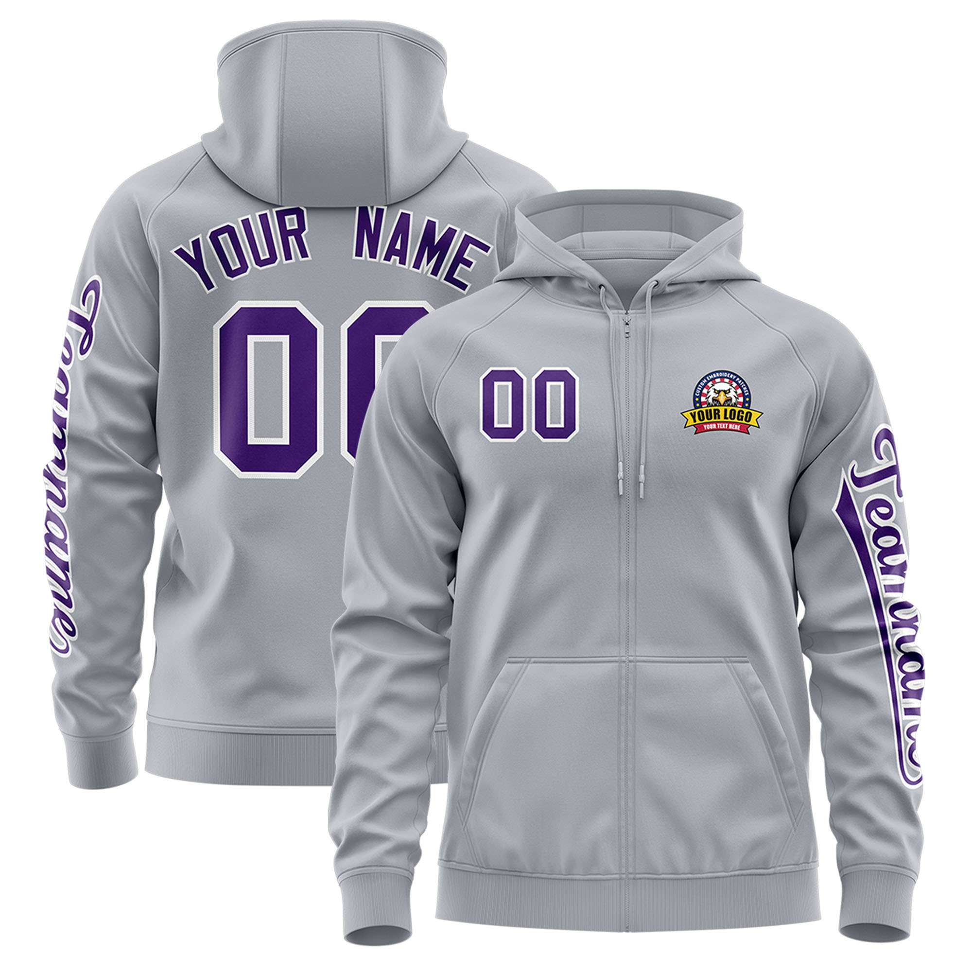 Custom Gray Purple Varsity Full-Zip Letterman Classic Jacket Hoodie| KXKSHOP