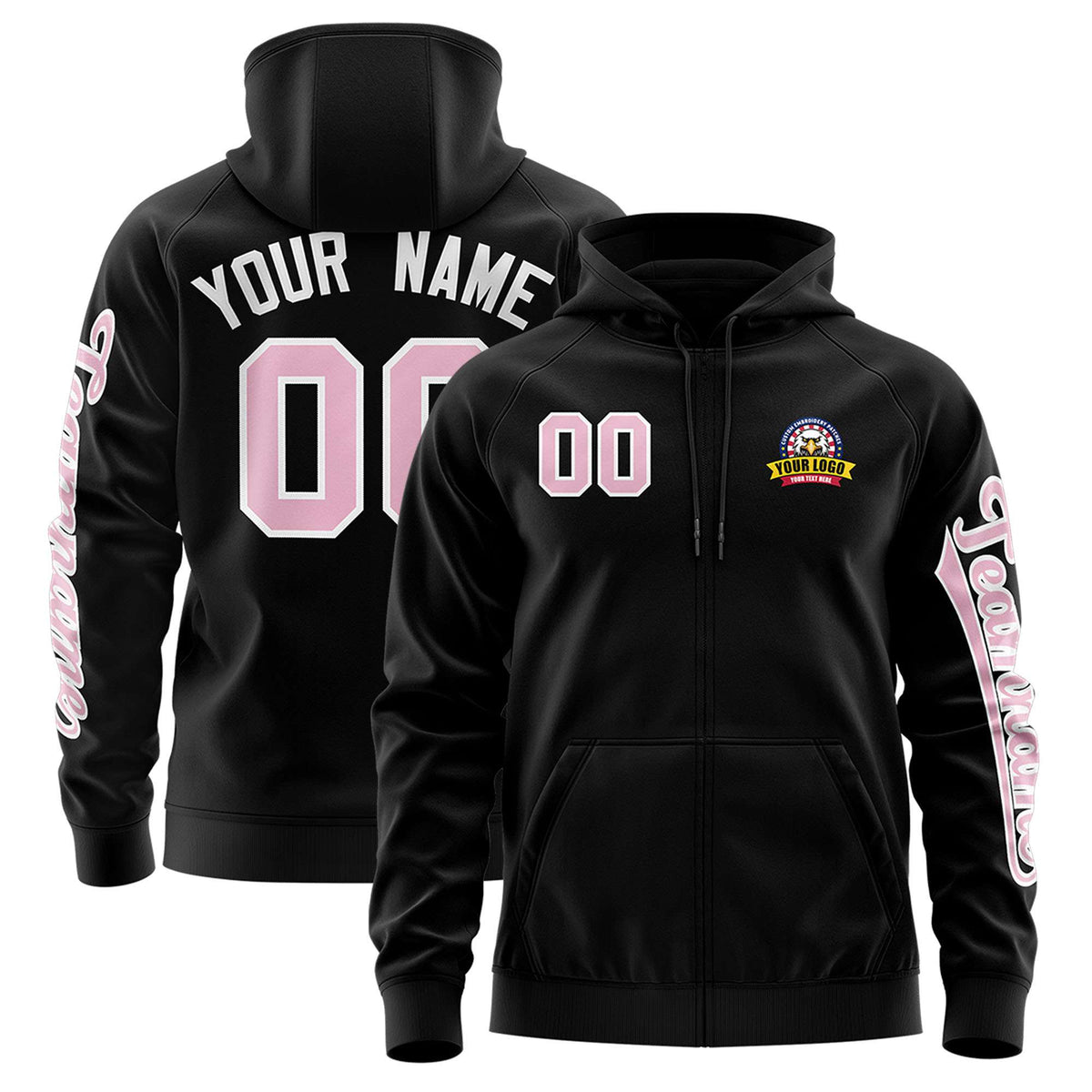 Custom Black Light Pink Varsity Full-Zip Letterman Classic Jacket Hoodie| KXKSHOP