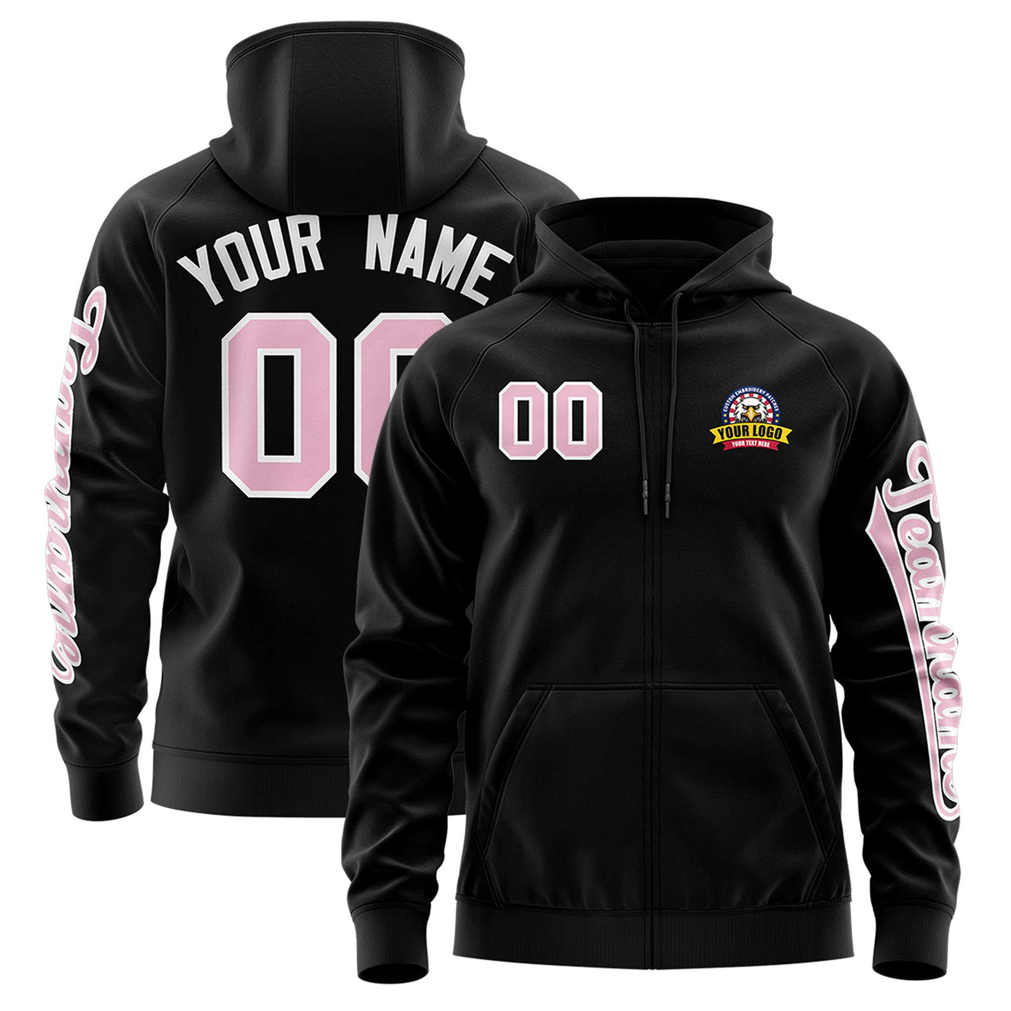 Custom Black Light Pink Varsity Full-Zip Letterman Classic Jacket Hoodie| KXKSHOP