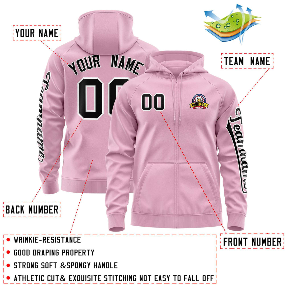 Custom Light Pink Black Varsity Full-Zip Letterman Classic Jacket Hoodie| KXKSHOP