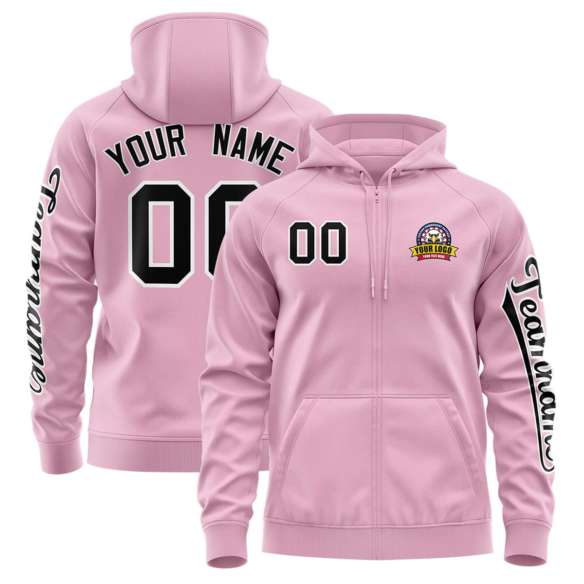 Custom Light Pink Black Varsity Full-Zip Letterman Classic Jacket Hoodie| KXKSHOP