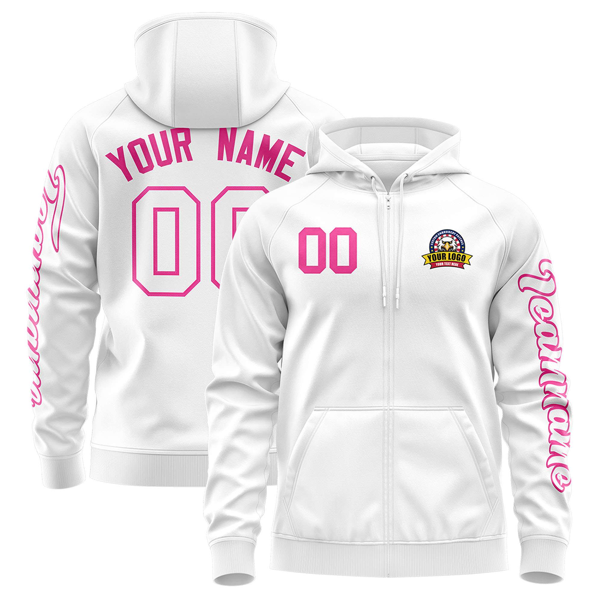 Custom White Pink Varsity Full-Zip Letterman Classic Jacket Hoodie| KXKSHOP