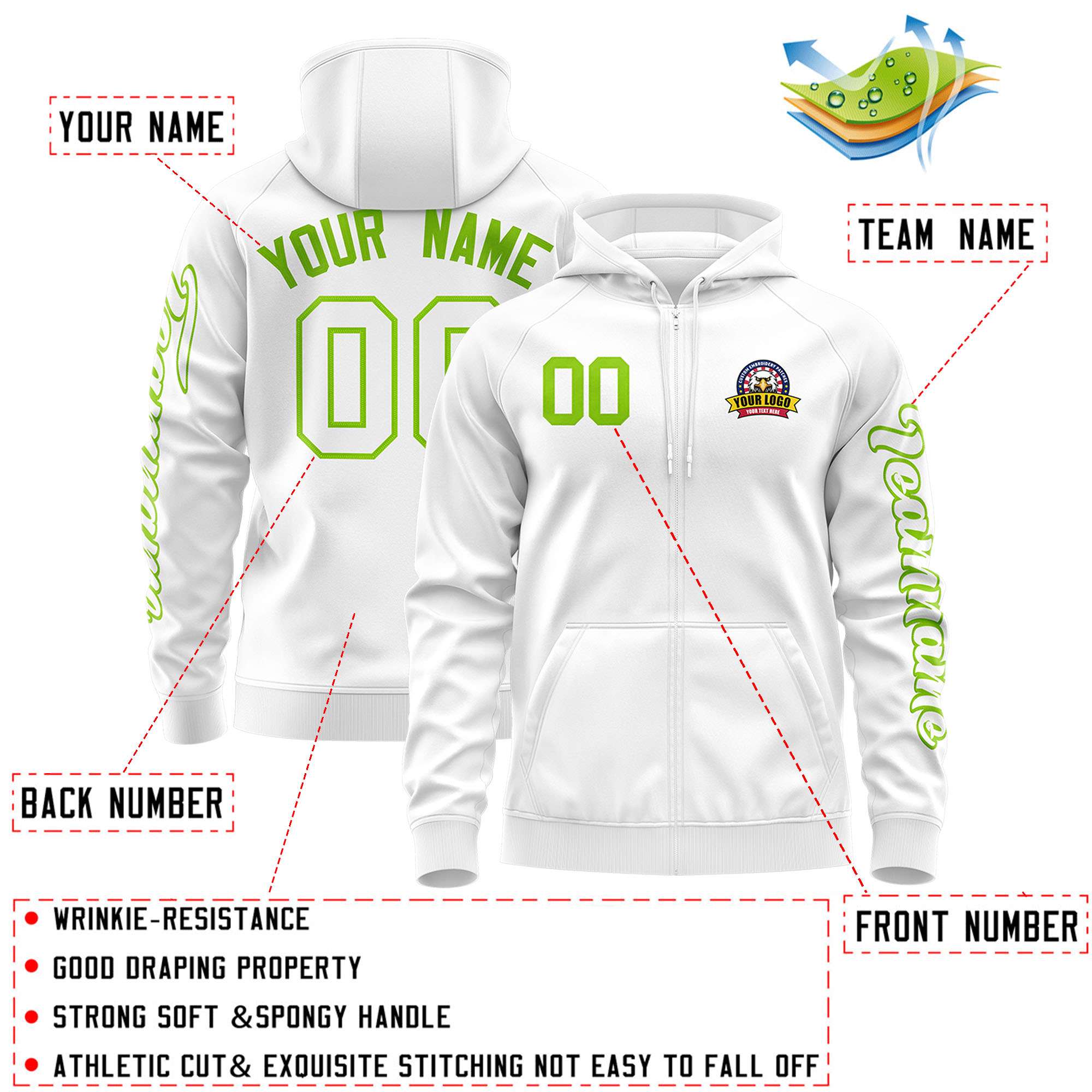 Custom White Neon Green Varsity Full-Zip Letterman Classic Jacket Hoodie| KXKSHOP