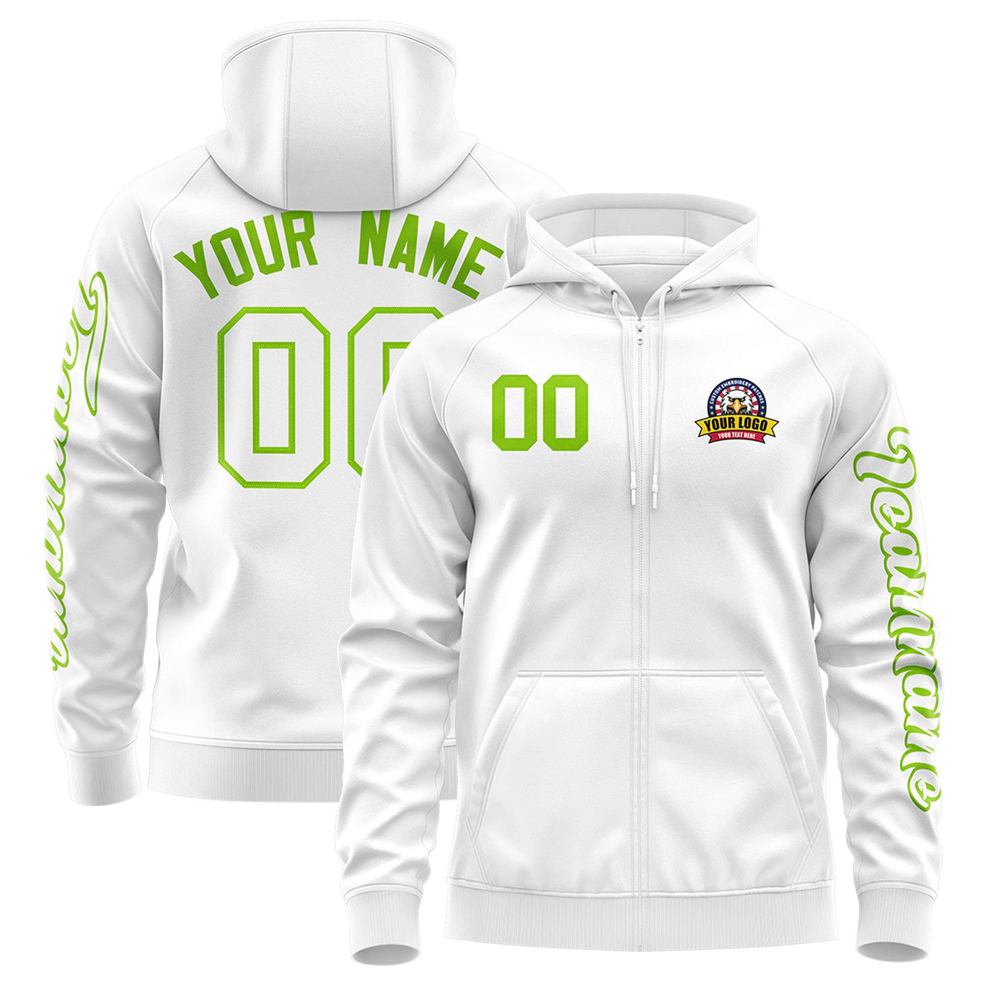Custom White Neon Green Varsity Full-Zip Letterman Classic Jacket Hoodie| KXKSHOP