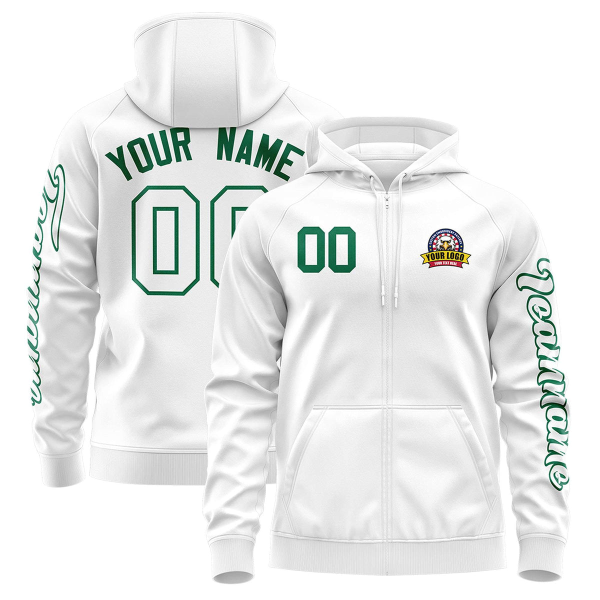 Custom White Kelly Green Varsity Full-Zip Letterman Classic Jacket Hoodie| KXKSHOP