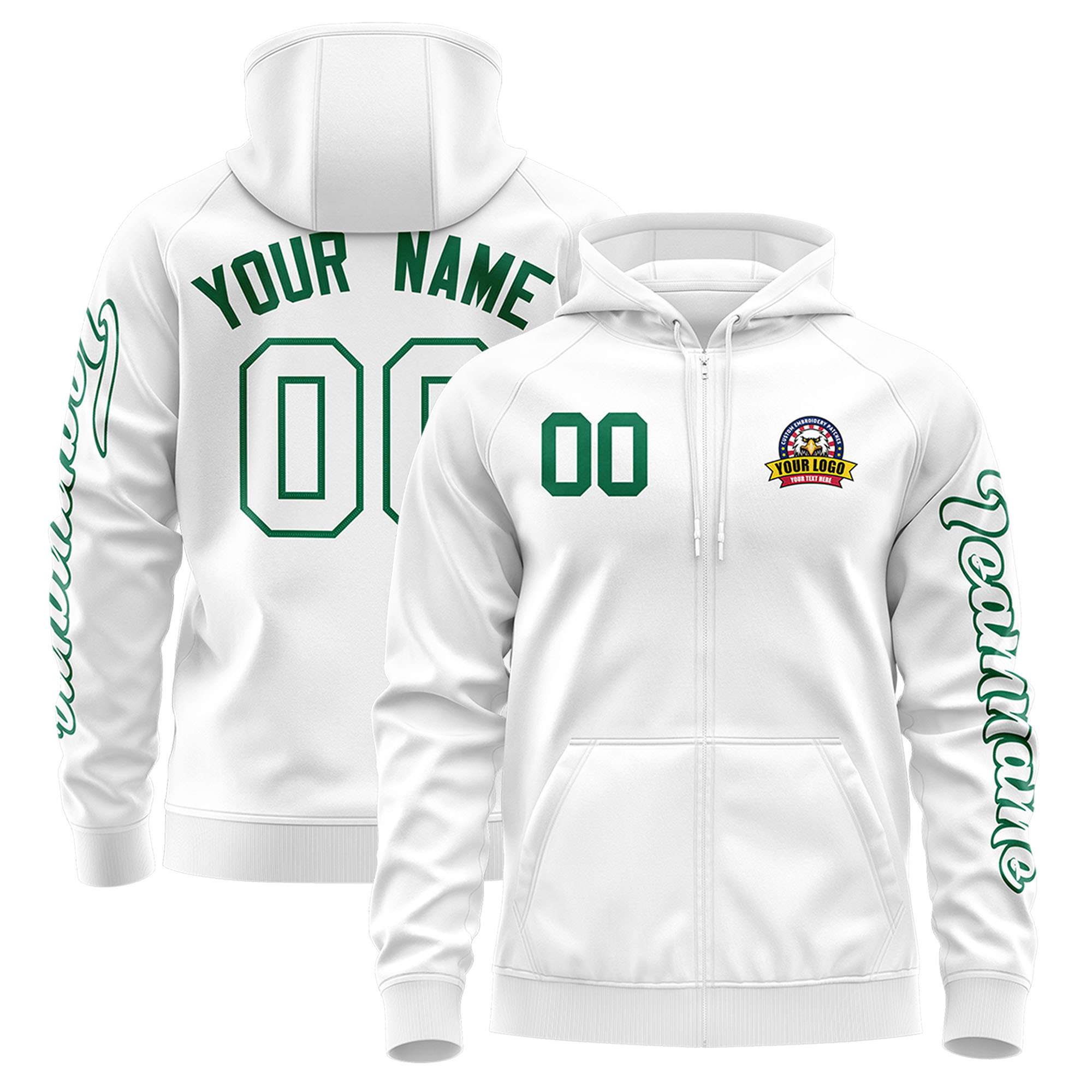 Custom White Kelly Green Varsity Full-Zip Letterman Classic Jacket Hoodie| KXKSHOP