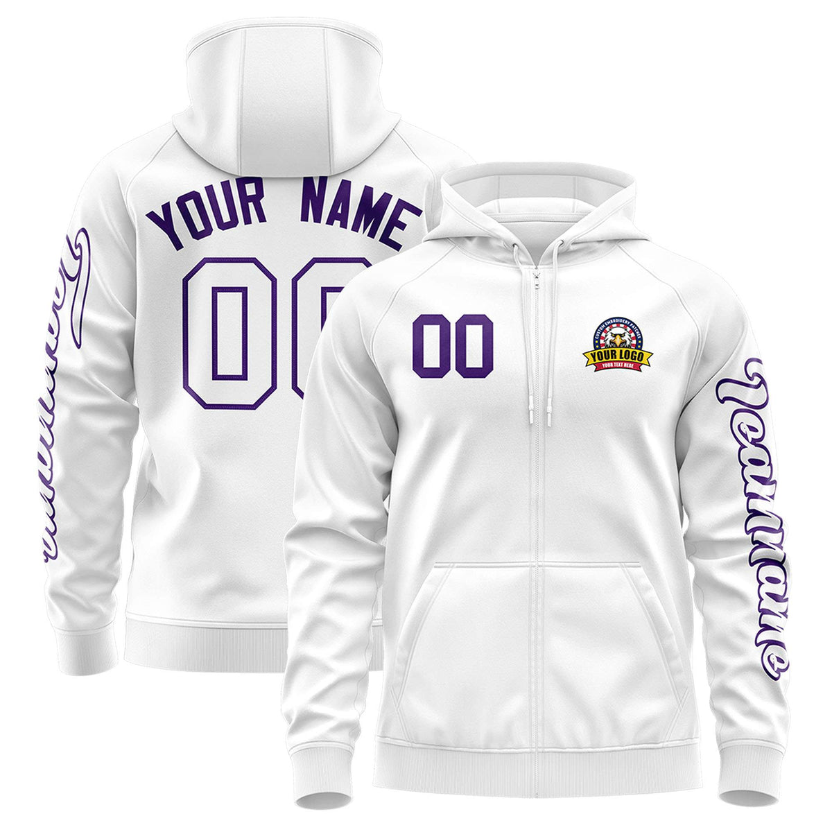 Custom White Purple Varsity Full-Zip Letterman Classic Jacket Hoodie| KXKSHOP