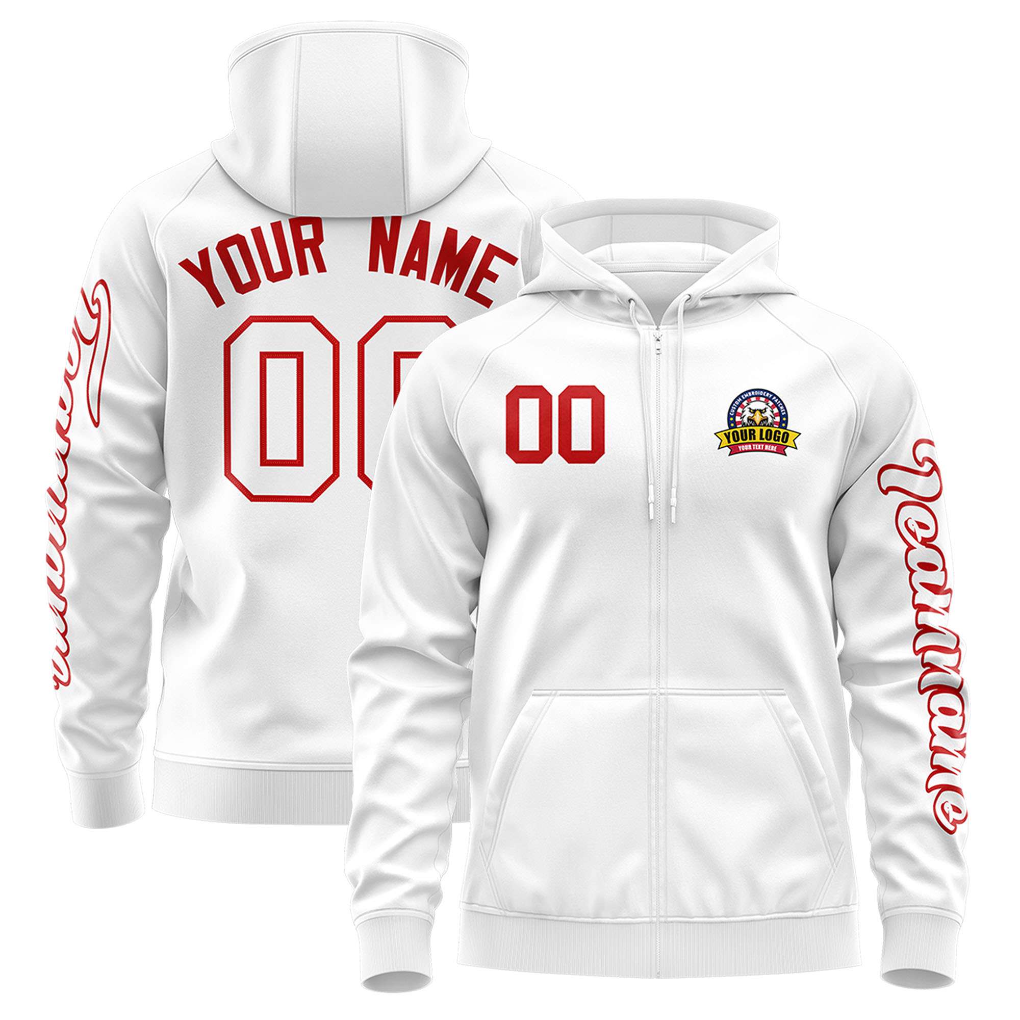 Custom White Red Varsity Full-Zip Letterman Classic Jacket Hoodie| KXKSHOP