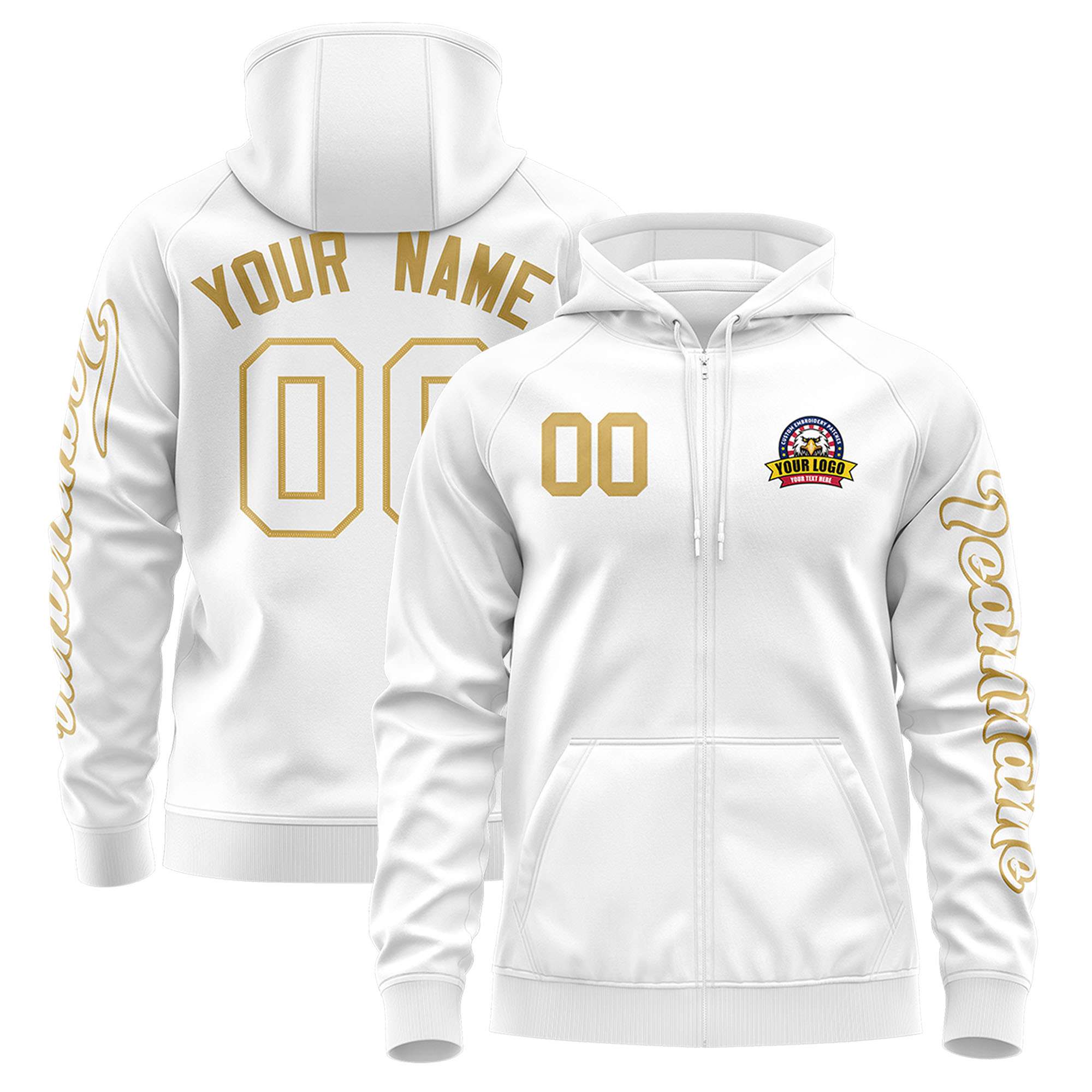 Custom White Old Gold Varsity Full-Zip Letterman Classic Jacket Hoodie| KXKSHOP