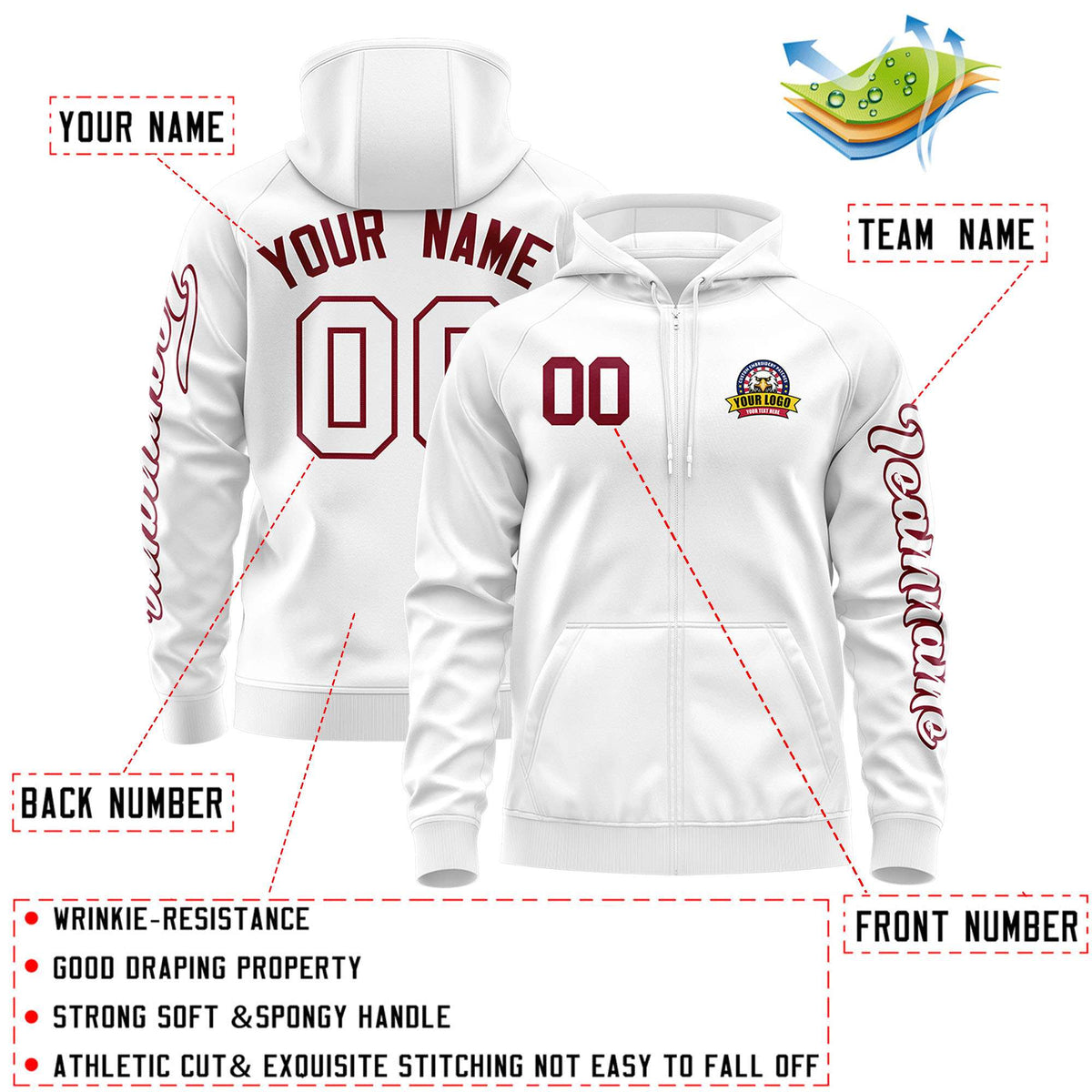 Custom White Crimson Varsity Full-Zip Letterman Classic Jacket Hoodie| KXKSHOP