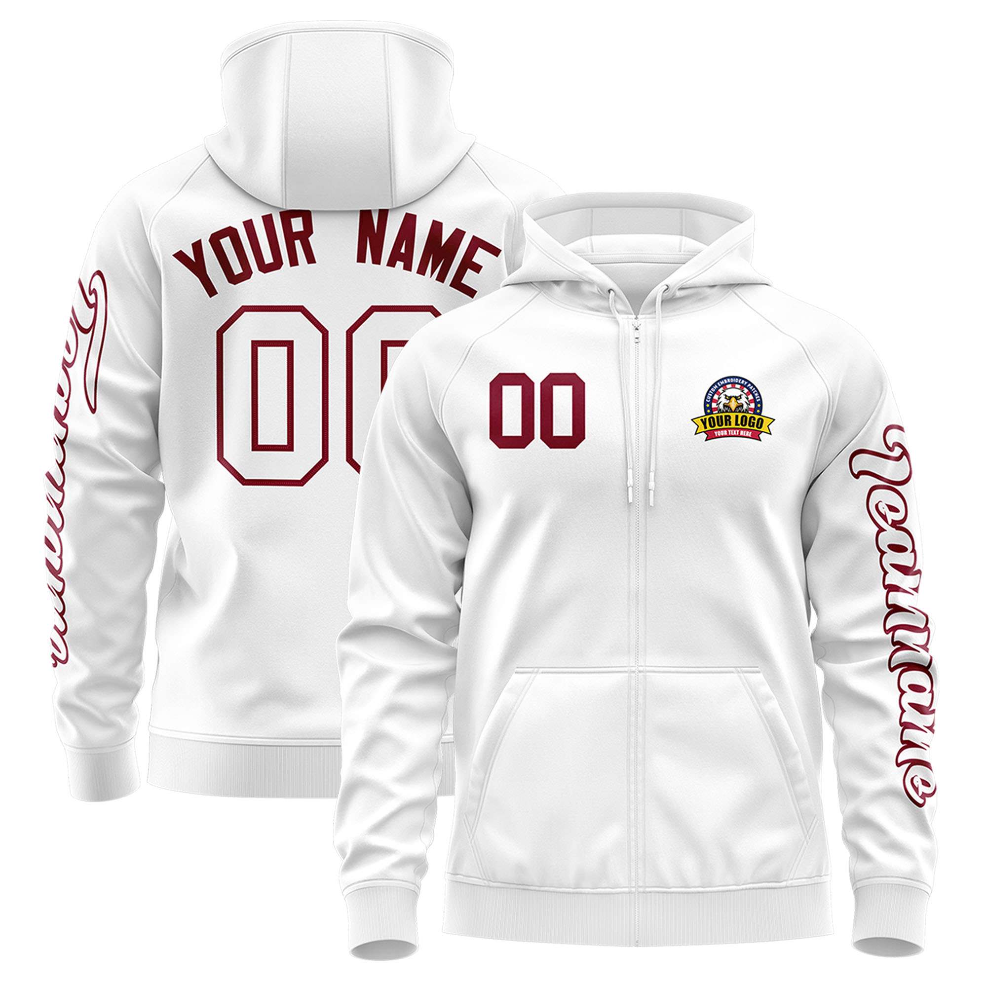 Custom White Crimson Varsity Full-Zip Letterman Classic Jacket Hoodie| KXKSHOP