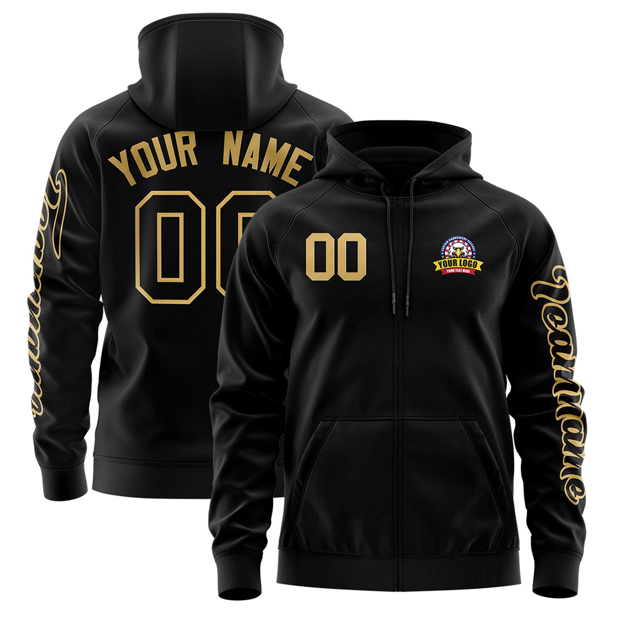 Custom Black Old Gold Varsity Full-Zip Letterman Classic Jacket Hoodie| KXKSHOP