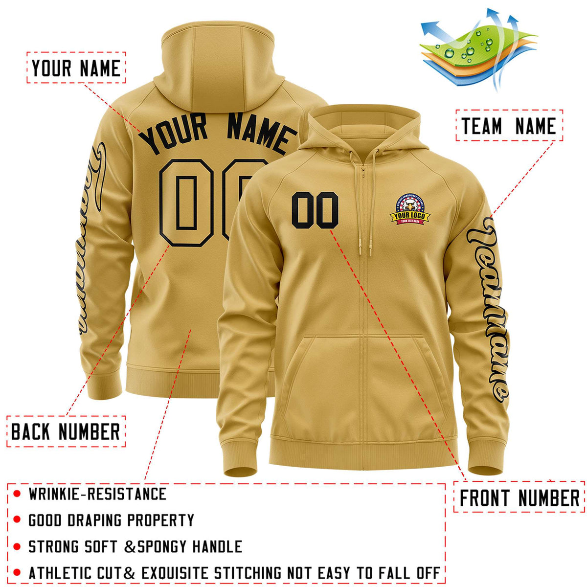 Custom Old Gold Black Varsity Full-Zip Letterman Classic Jacket Hoodie| KXKSHOP