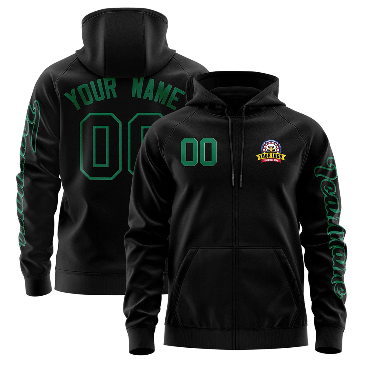 Custom Black Kelly Green Varsity Full-Zip Letterman Classic Jacket Hoodie| KXKSHOP