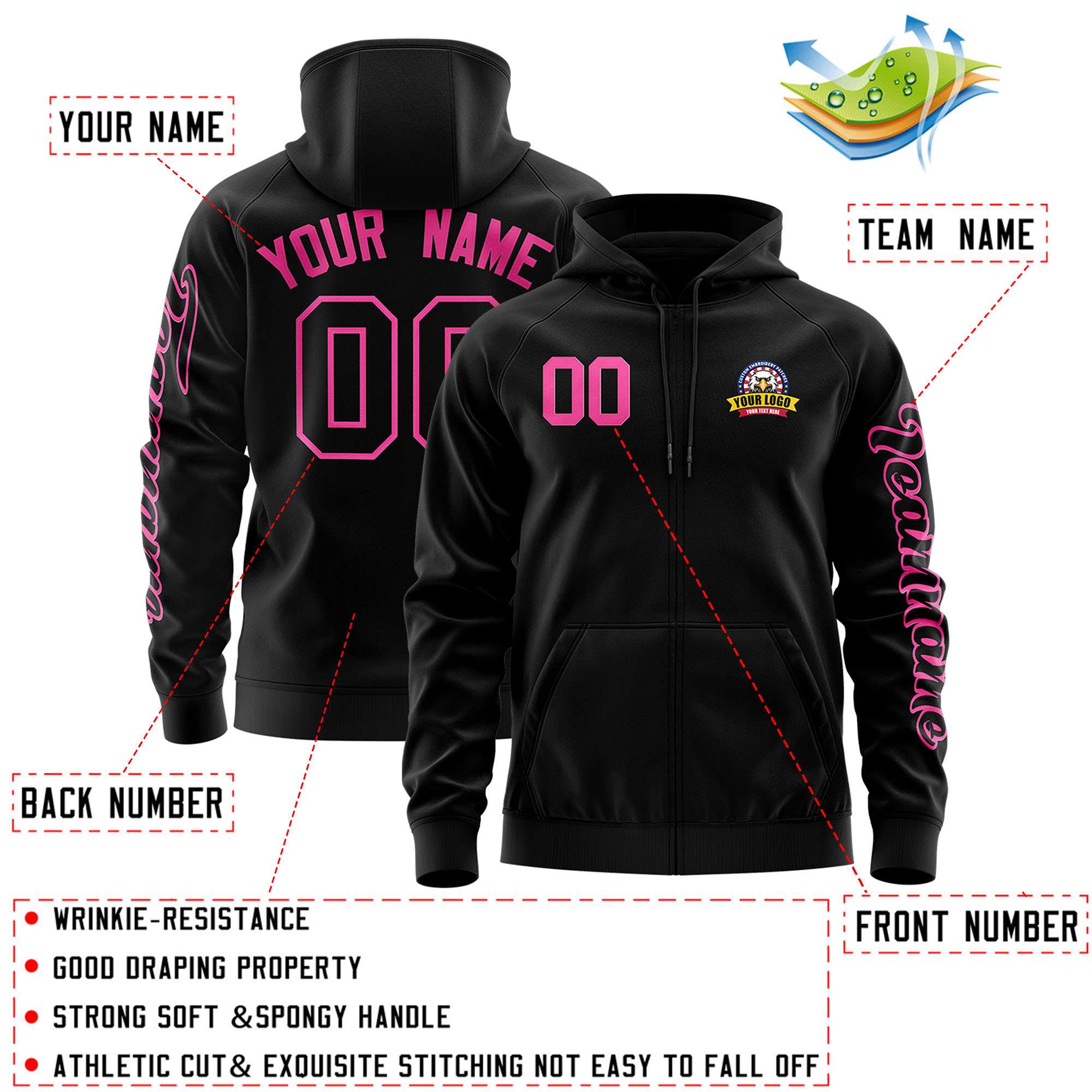 Custom Black Pink Varsity Full-Zip Letterman Classic Jacket Hoodie| KXKSHOP