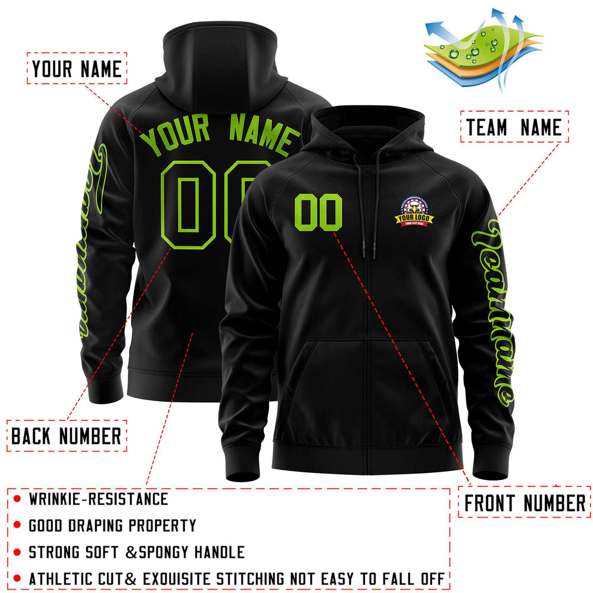 Custom Black Neon Green Varsity Full-Zip Letterman Classic Jacket Hoodie| KXKSHOP