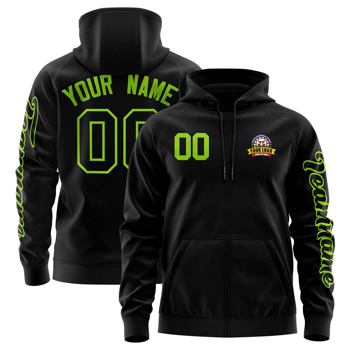 Custom Black Neon Green Varsity Full-Zip Letterman Classic Jacket Hoodie| KXKSHOP