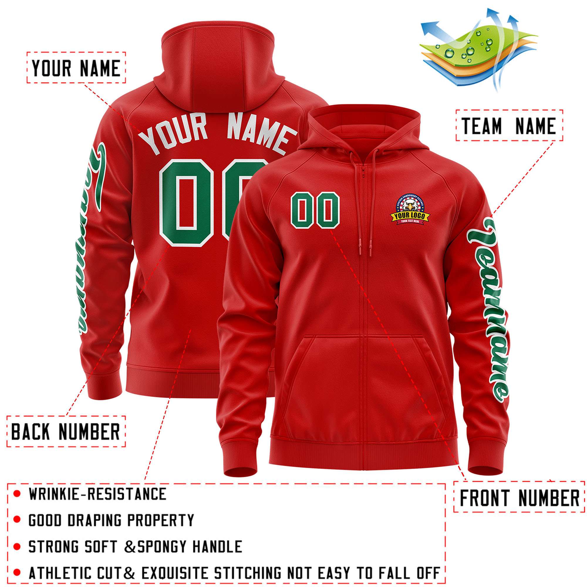 Custom Red Kelly Green Varsity Full-Zip Letterman Classic Jacket Hoodie| KXKSHOP