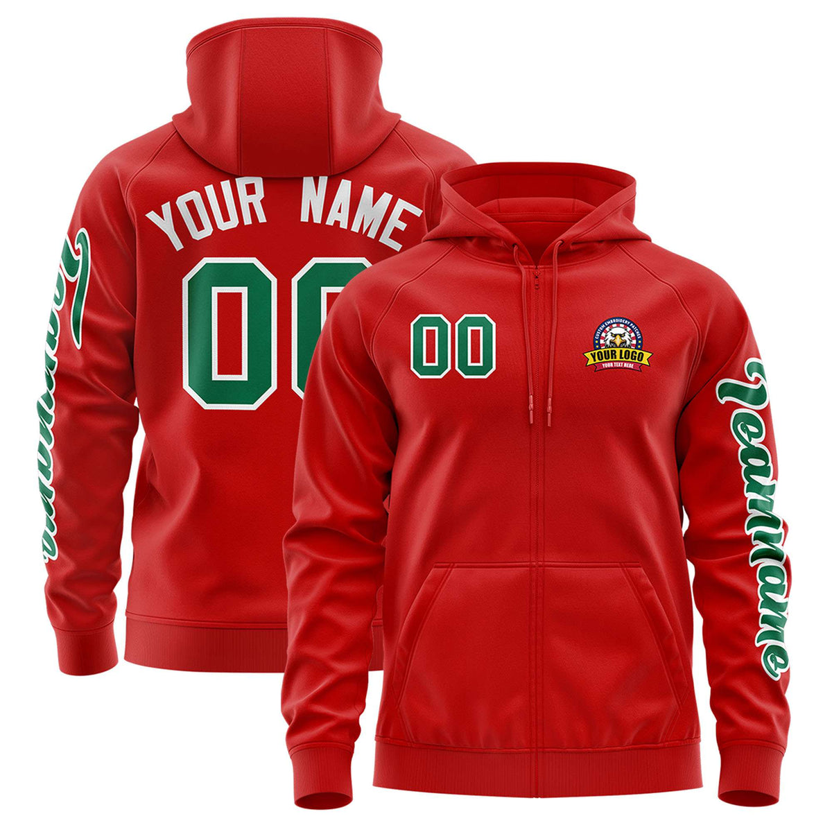 Custom Red Kelly Green Varsity Full-Zip Letterman Classic Jacket Hoodie| KXKSHOP
