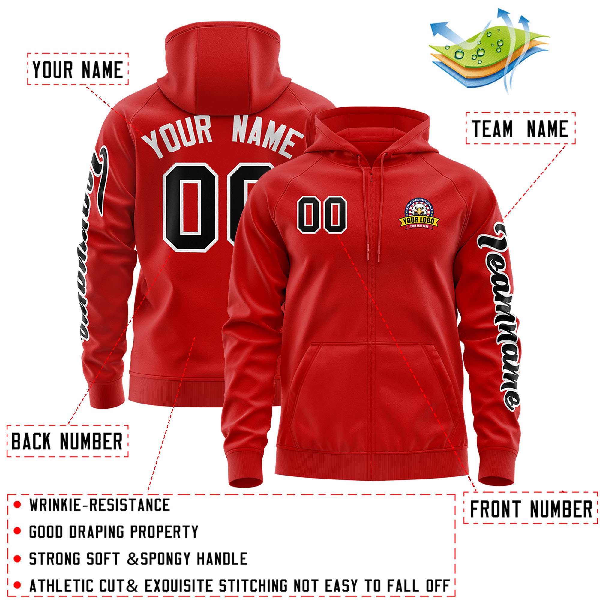 Custom Red Black Varsity Full-Zip Letterman Classic Jacket Hoodie| KXKSHOP