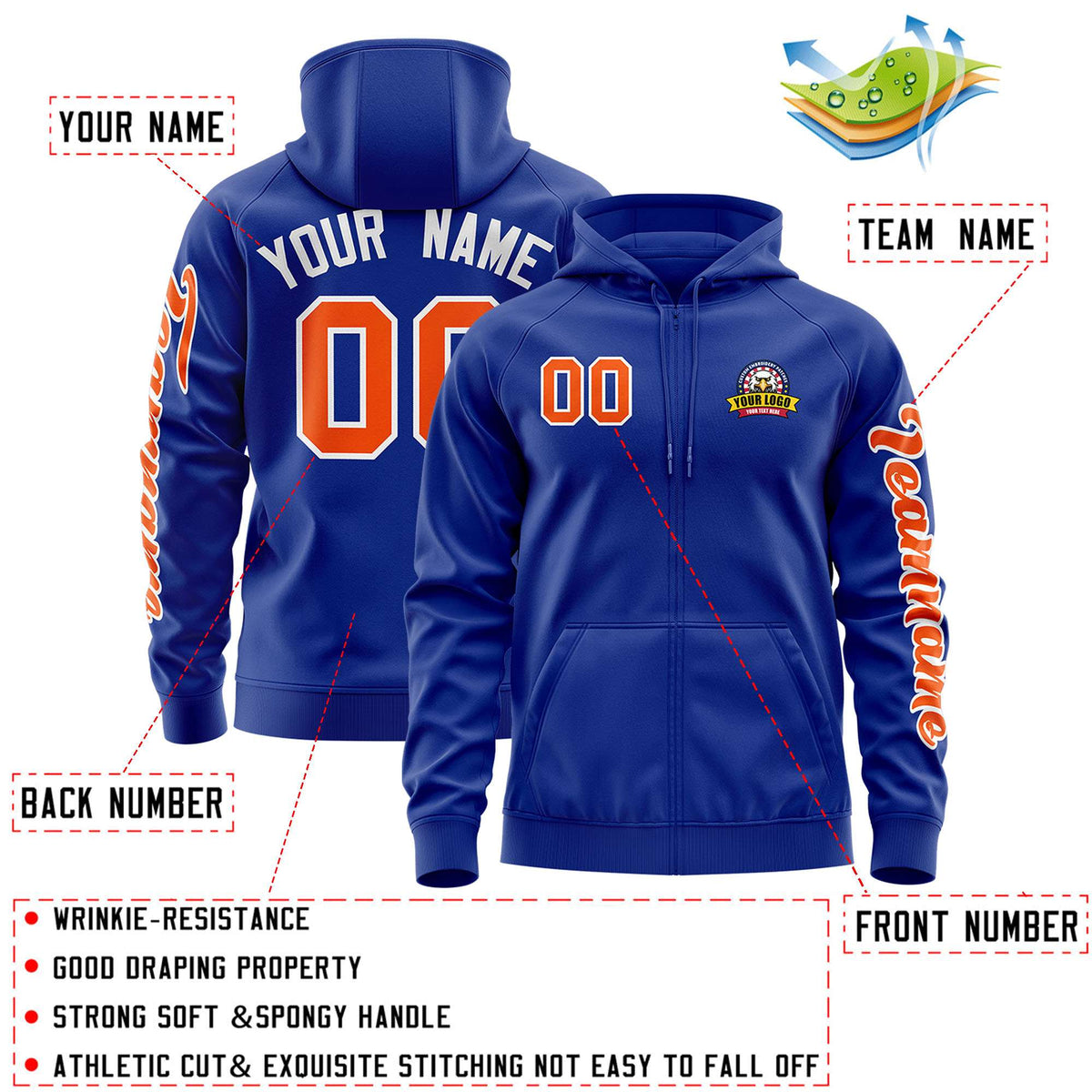 Custom Royal Orange Varsity Full-Zip Letterman Classic Jacket Hoodie| KXKSHOP