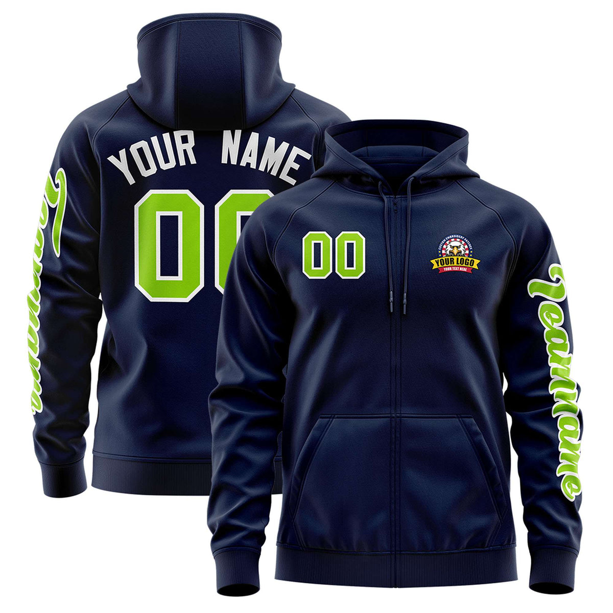 Custom Navy Neon Green Varsity Full-Zip Letterman Classic Jacket Hoodie| KXKSHOP