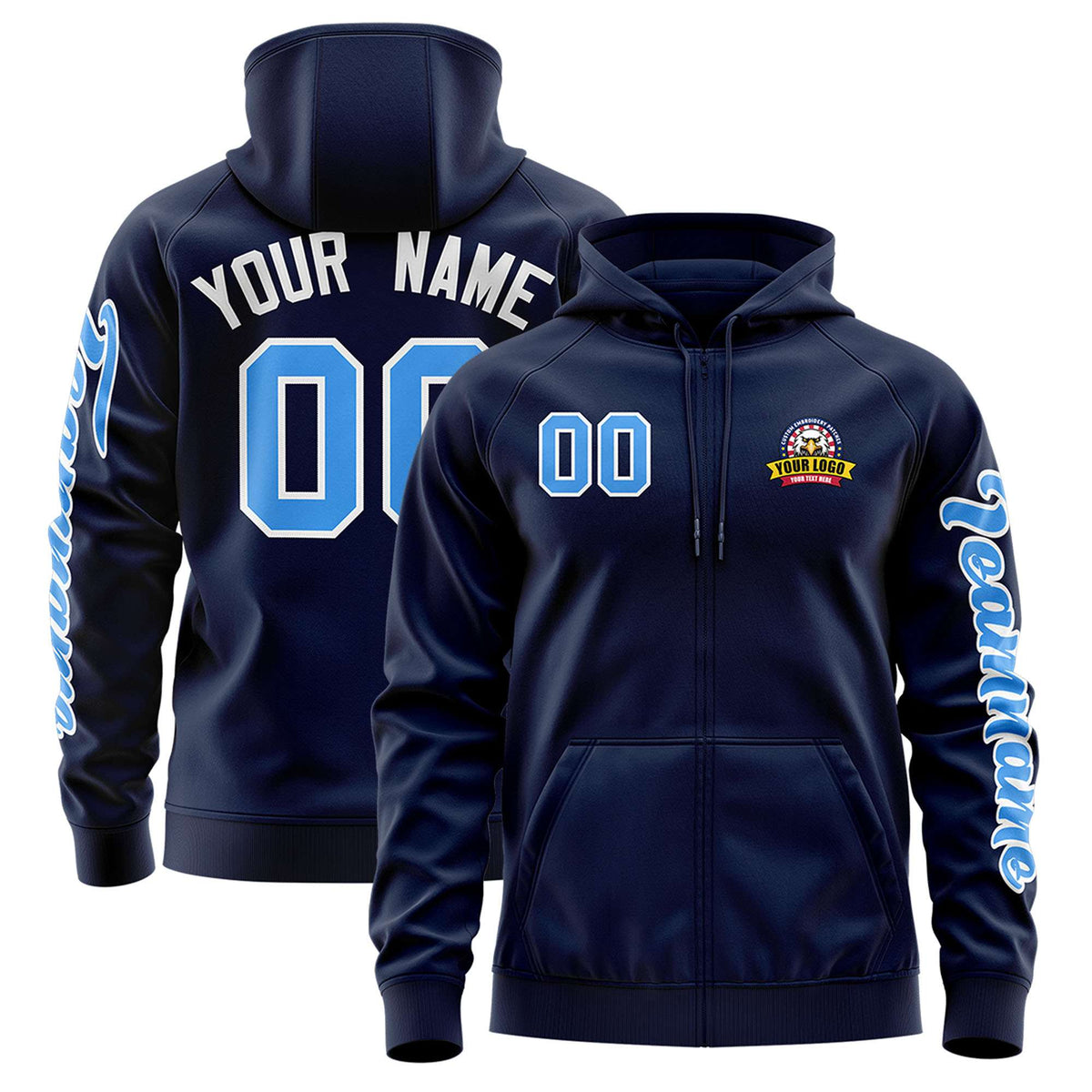 Custom Navy Powder Blue Varsity Full-Zip Letterman Classic Jacket Hoodie| KXKSHOP