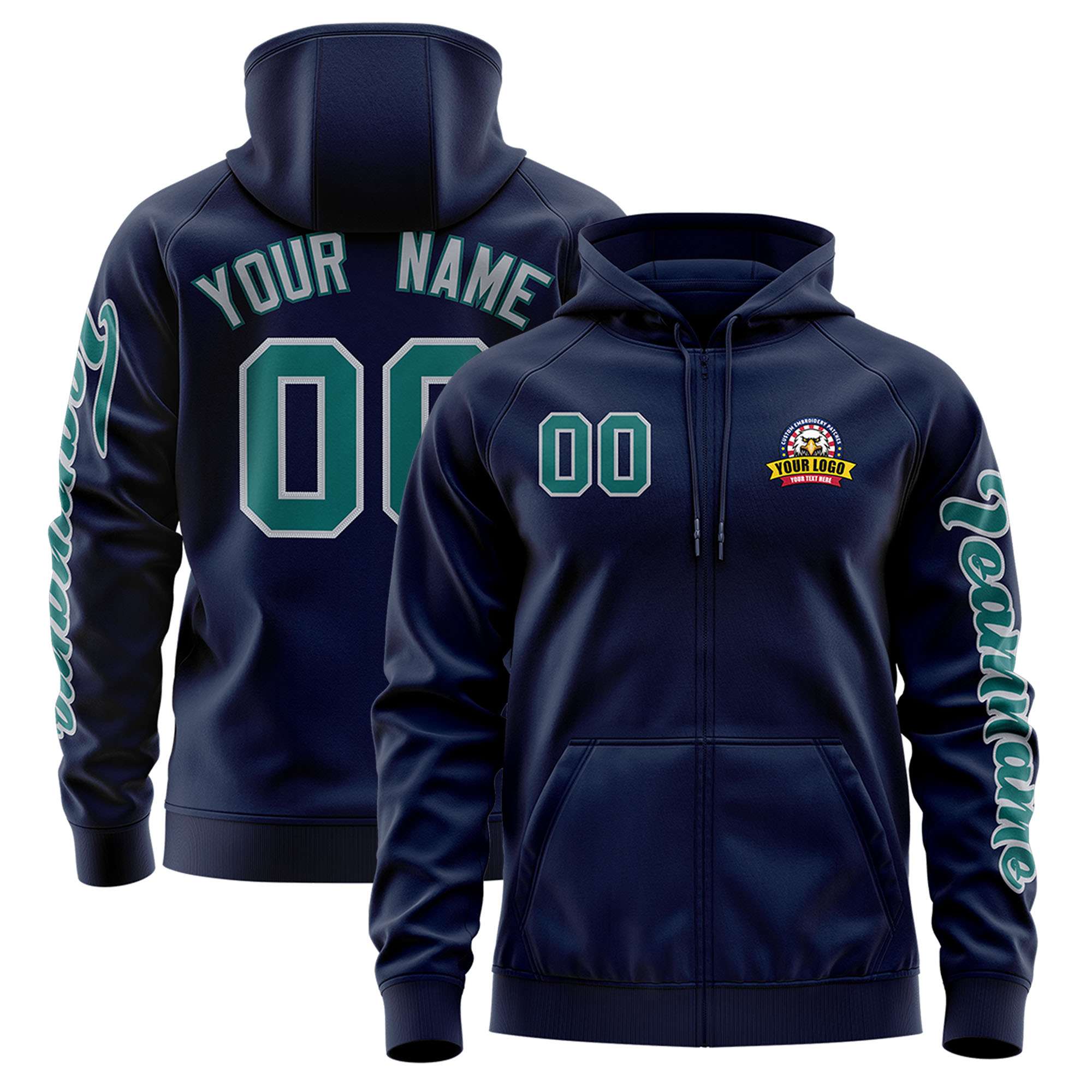 Custom Navy Aqua Varsity Full-Zip Letterman Classic Jacket Hoodie| KXKSHOP