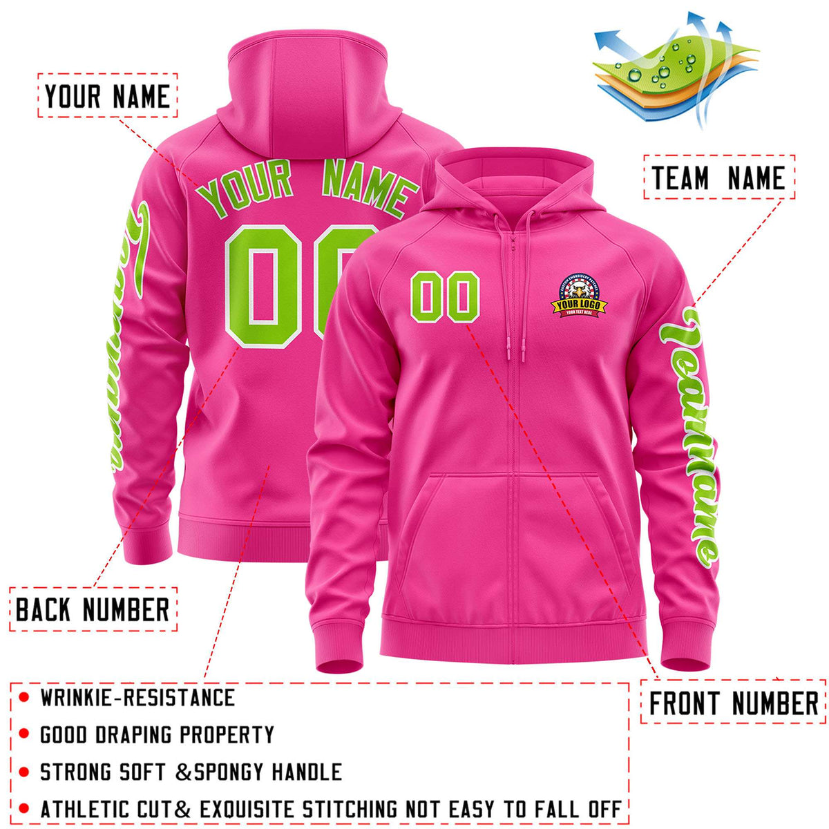 Custom Pink Neon Green Varsity Full-Zip Letterman Classic Jacket Hoodie| KXKSHOP