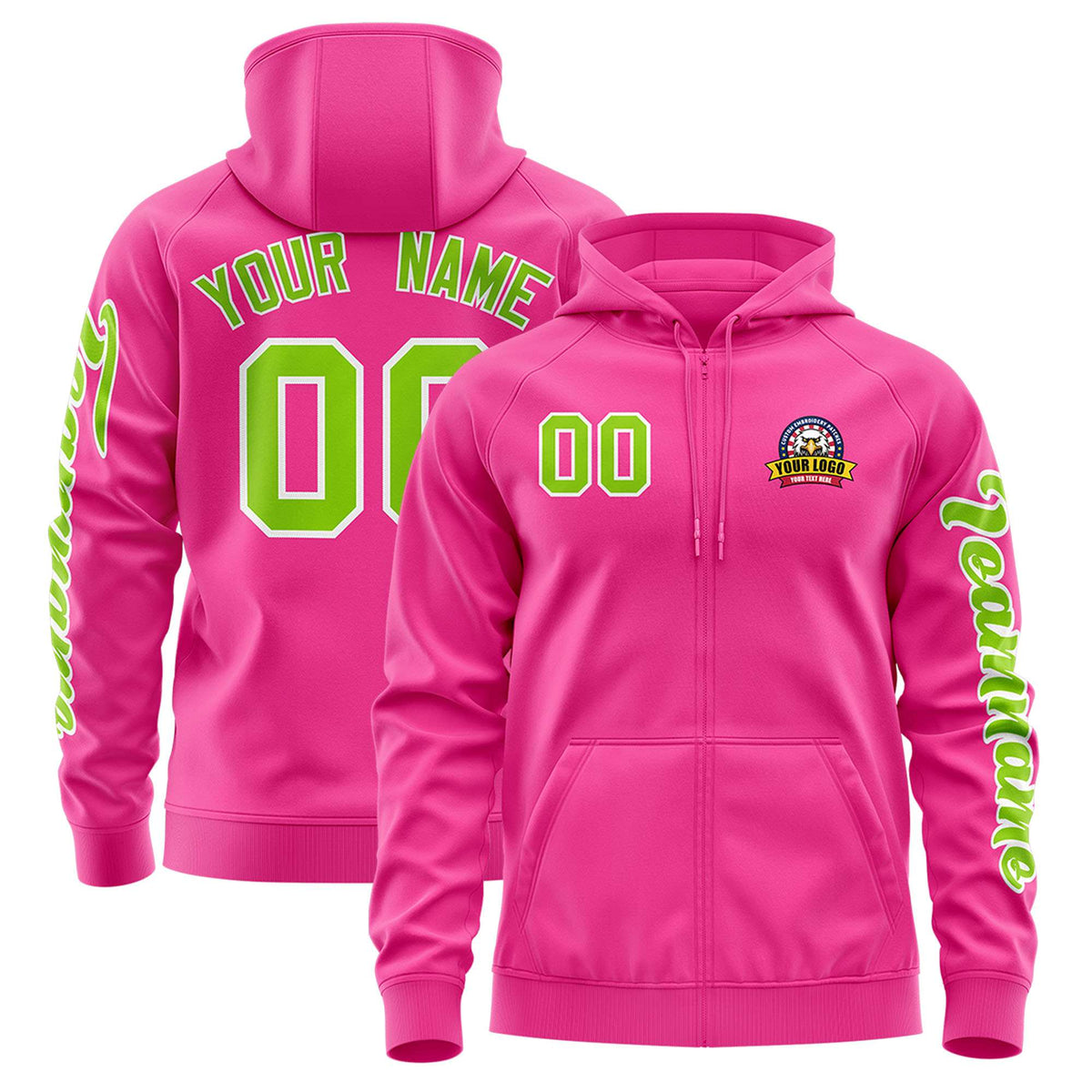 Custom Pink Neon Green Varsity Full-Zip Letterman Classic Jacket Hoodie| KXKSHOP