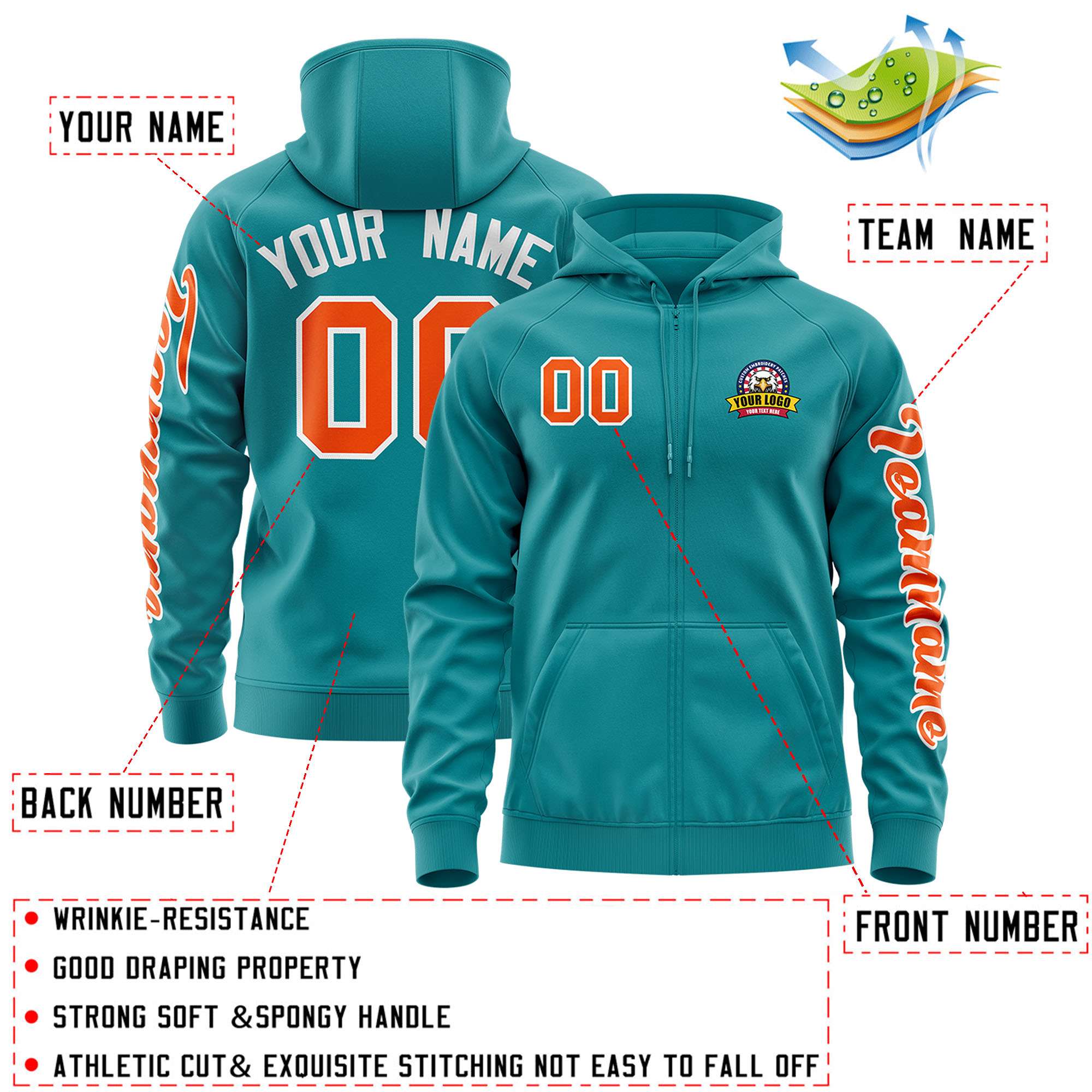 Custom Aqua Orange Varsity Full-Zip Letterman Classic Jacket Hoodie| KXKSHOP