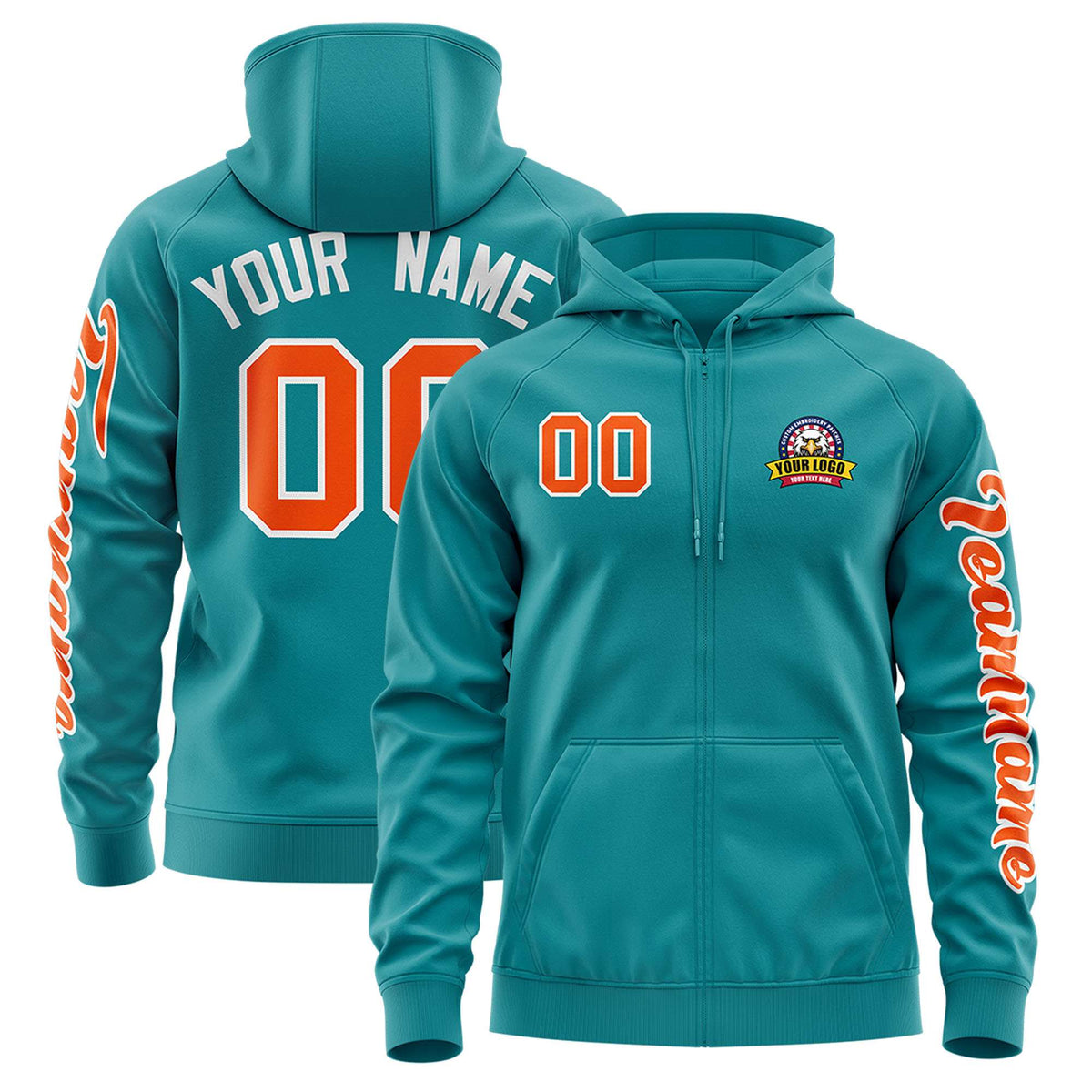 Custom Aqua Orange Varsity Full-Zip Letterman Classic Jacket Hoodie| KXKSHOP