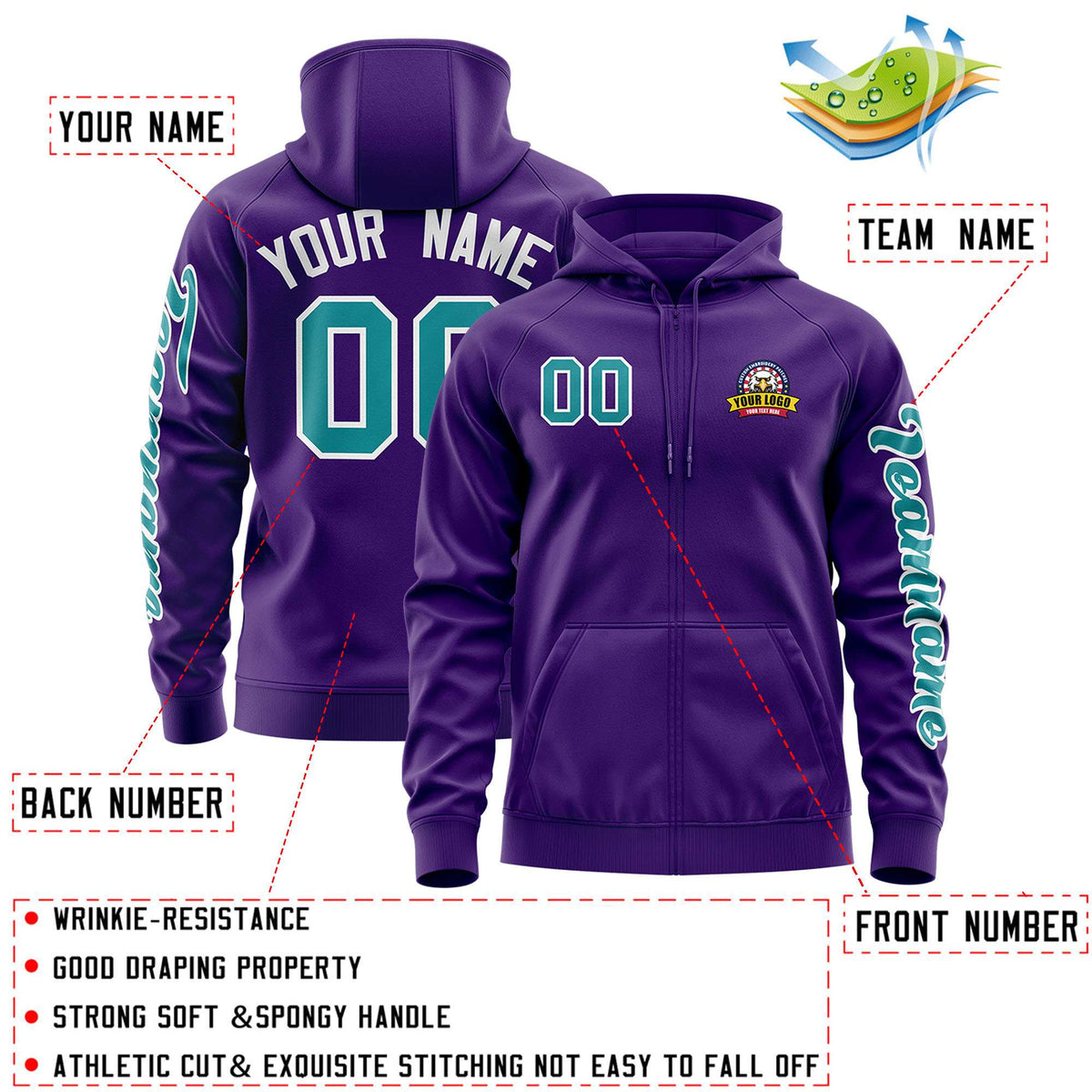 Custom Purple Aqua Varsity Full-Zip Letterman Classic Jacket Hoodie| KXKSHOP