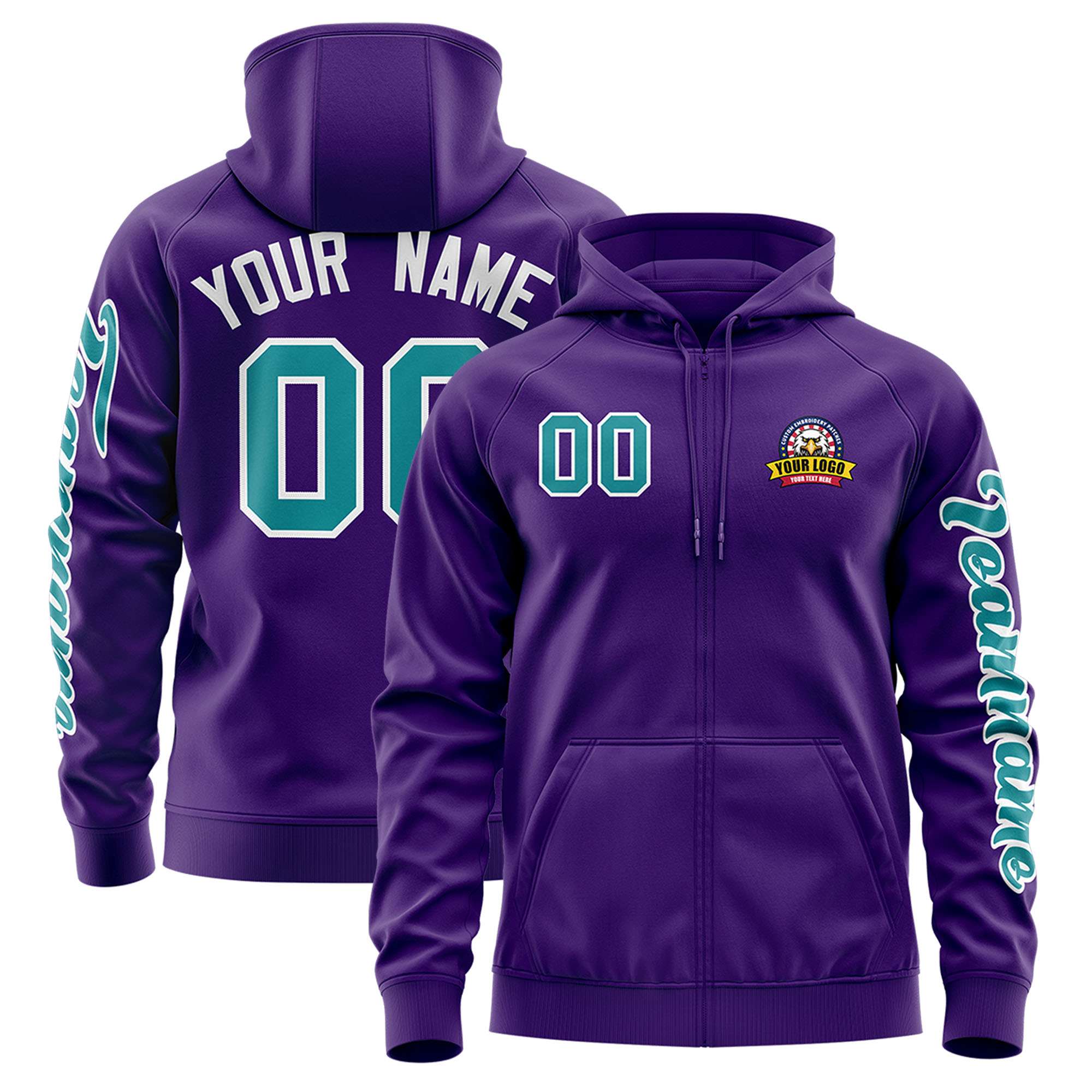 Custom Purple Aqua Varsity Full-Zip Letterman Classic Jacket Hoodie| KXKSHOP
