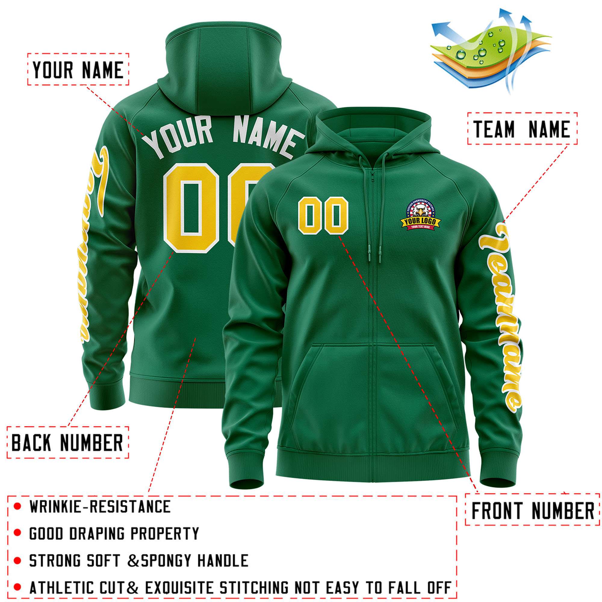 Custom Kelly Green Gold Varsity Full-Zip Letterman Classic Jacket Hoodie| KXKSHOP