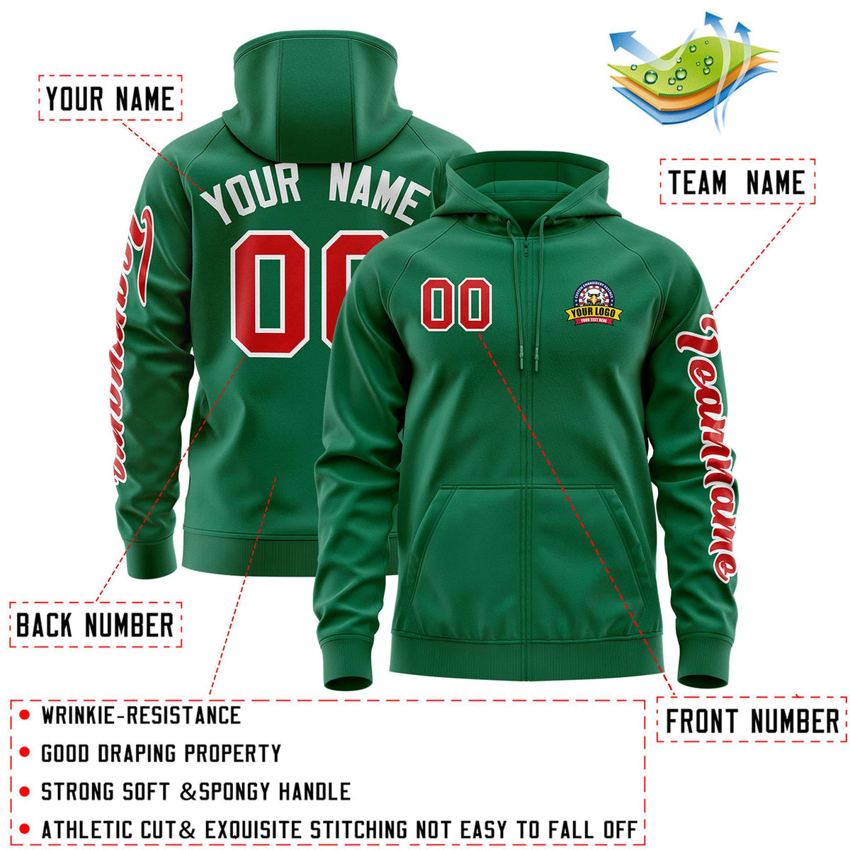 Custom Kelly Green Red Varsity Full-Zip Letterman Classic Jacket Hoodie| KXKSHOP