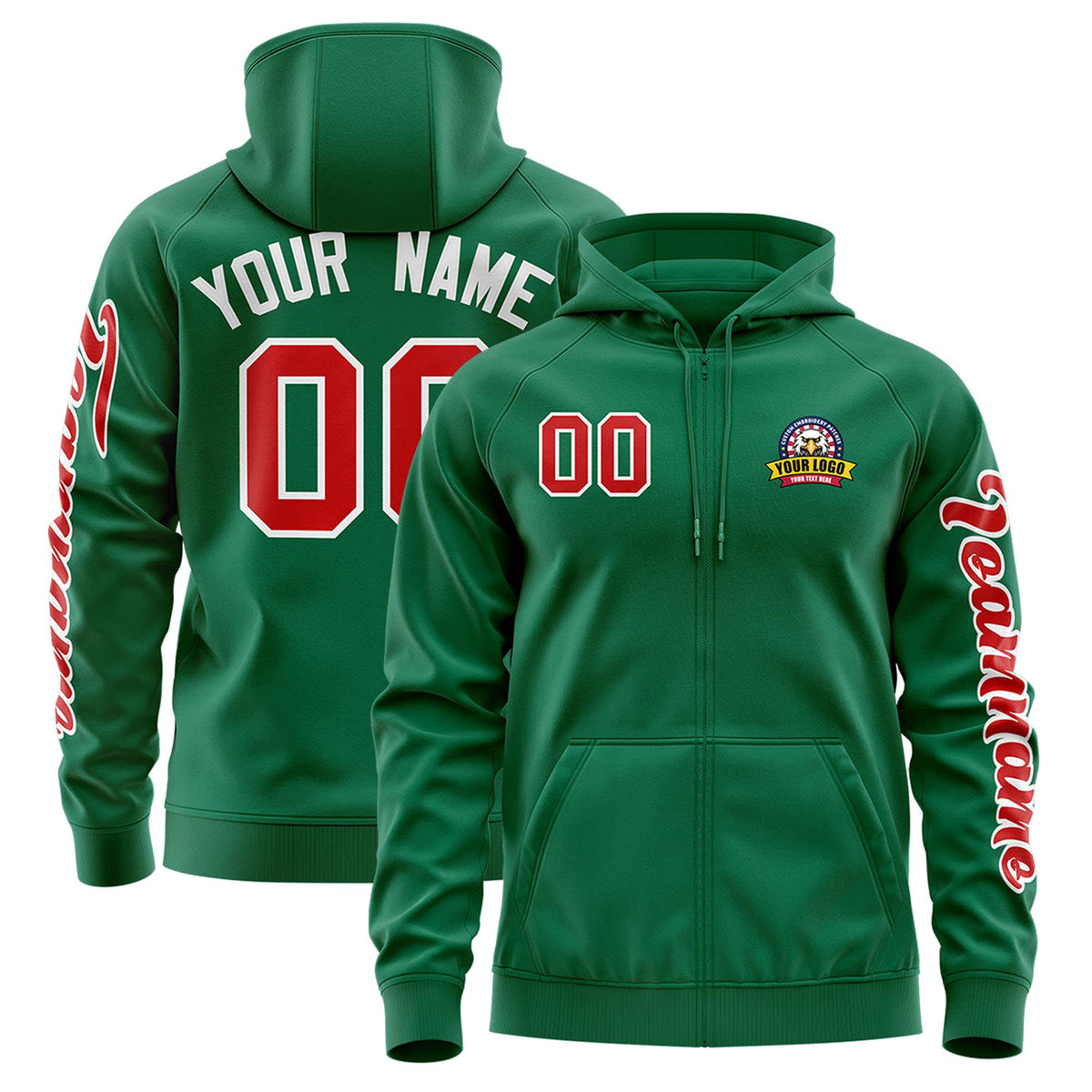 Custom Kelly Green Red Varsity Full-Zip Letterman Classic Jacket Hoodie| KXKSHOP