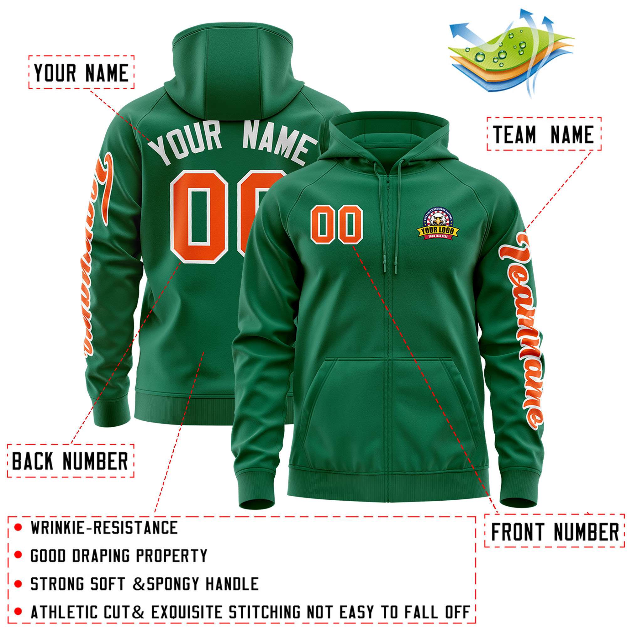 Custom Kelly Green Orange Varsity Full-Zip Letterman Classic Jacket Hoodie| KXKSHOP