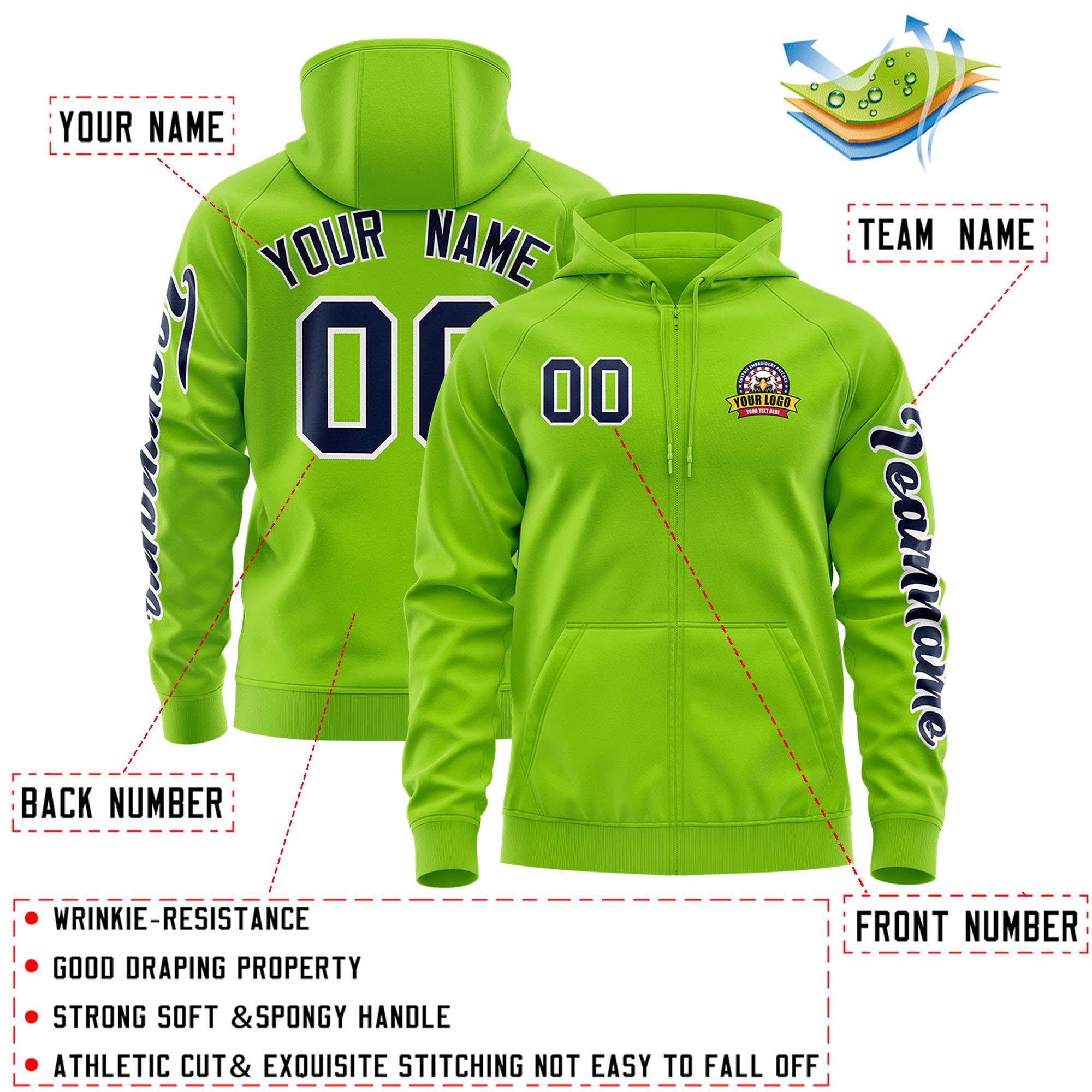Custom Neon Green Navy Varsity Full-Zip Letterman Classic Jacket Hoodie| KXKSHOP
